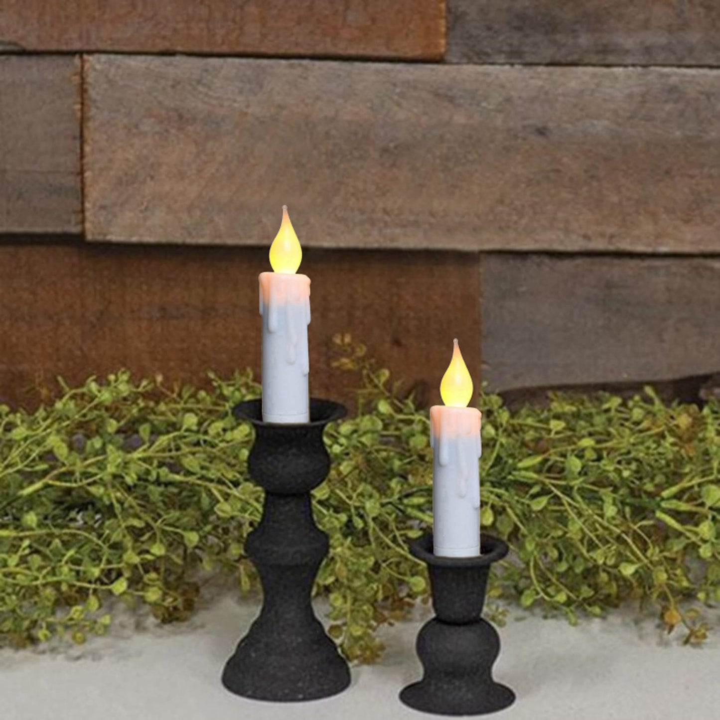 CVHOMEDECO. Flickering Taper Candles LED Drip Flameless Candles, Battery Operated with Timer, White, 4-3/4 Inch, Set of 2