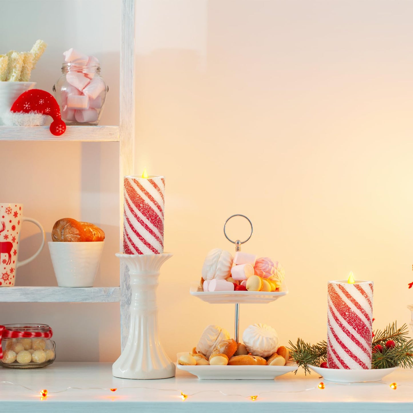 Christmas Flameless Pillar Candles Decor - 3PCS Candy Cane Stripe Real Wax Red and White LED Candles with Battery Operated for Home Christmas, New Year, Winter Wedding Party Decoration or Gift