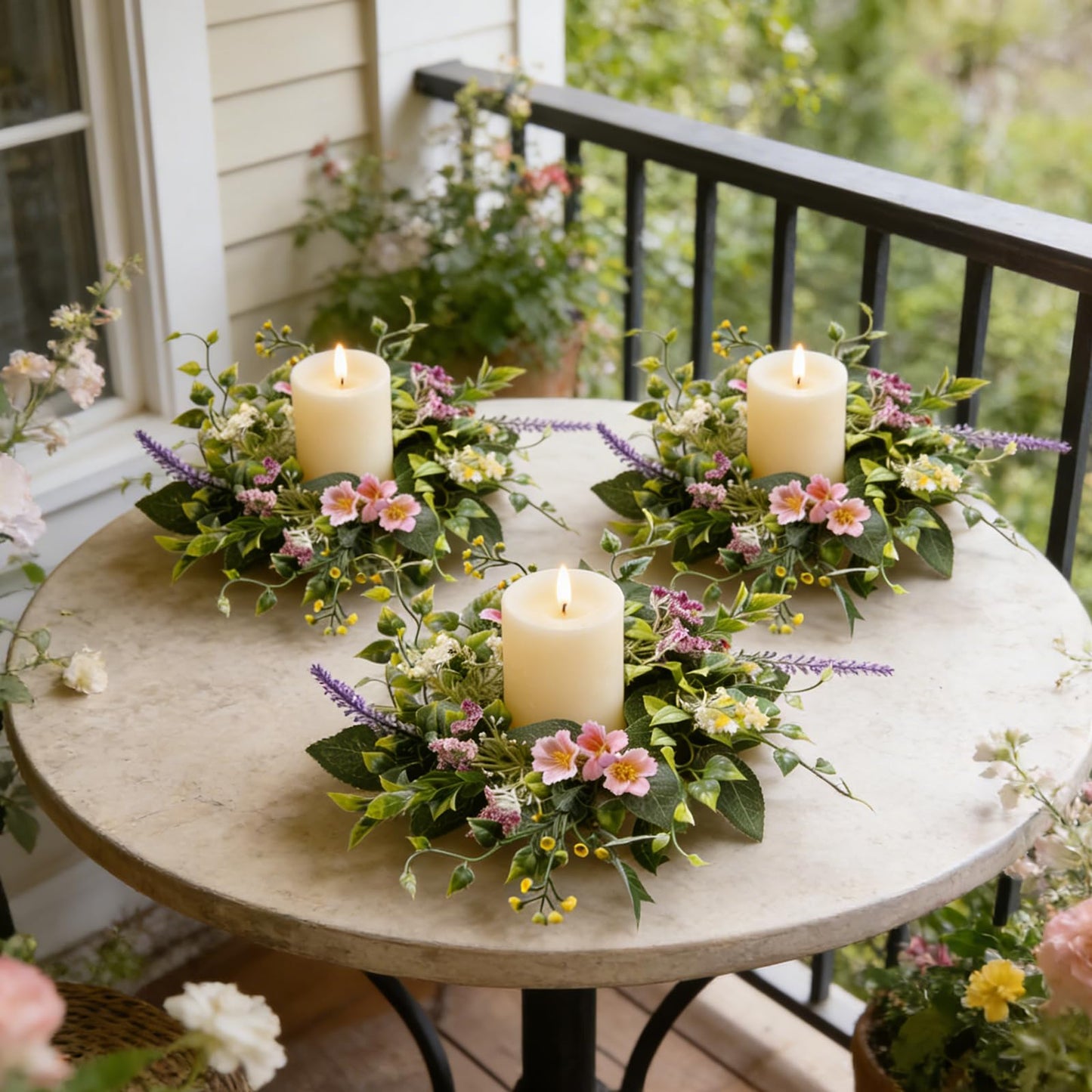 6 Pcs Small Spring Summer Candle Ring Wreaths with Artificial Pink Flower Purple Lavender Yellow Berry Mini Pillar Candle Holder Wreath with Green Leaves for Home Kitchen Table Centerpieces Wall Decor