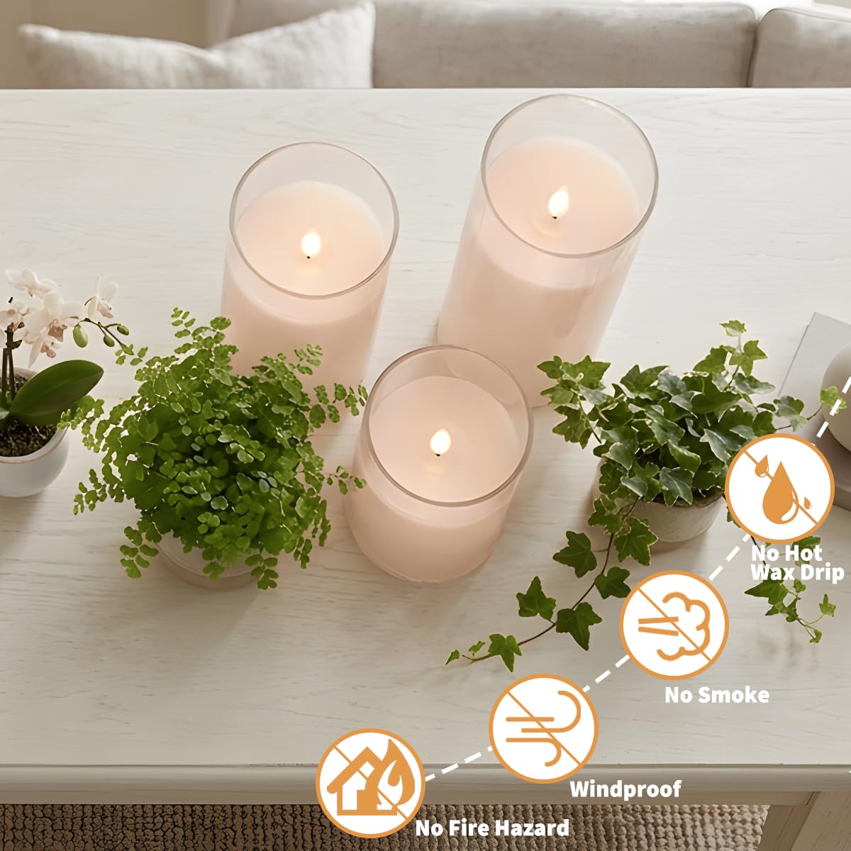 NICEME Flickering Flameless Candles with Remote Control Timer Unbreakable Acrylic Battery Operated LED Candles with Flickering Flame 3D Wick for Romantic Ambience Home Decor Set of 3, D3” xH4” 5” 6”