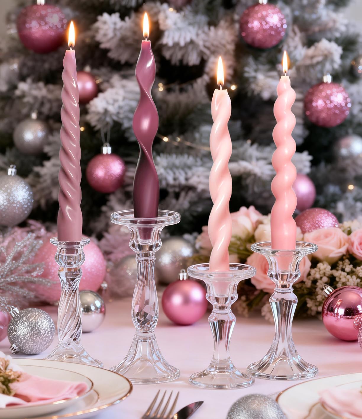 4 Pcs Pink Burgundy Taper Candles, 7.87 Inch Spiral Twisted Candle Sticks, Unscented Smokeless Pink Christmas Candlesticks for Valentines Day Wedding Bridal Shower Home Holiday Decor