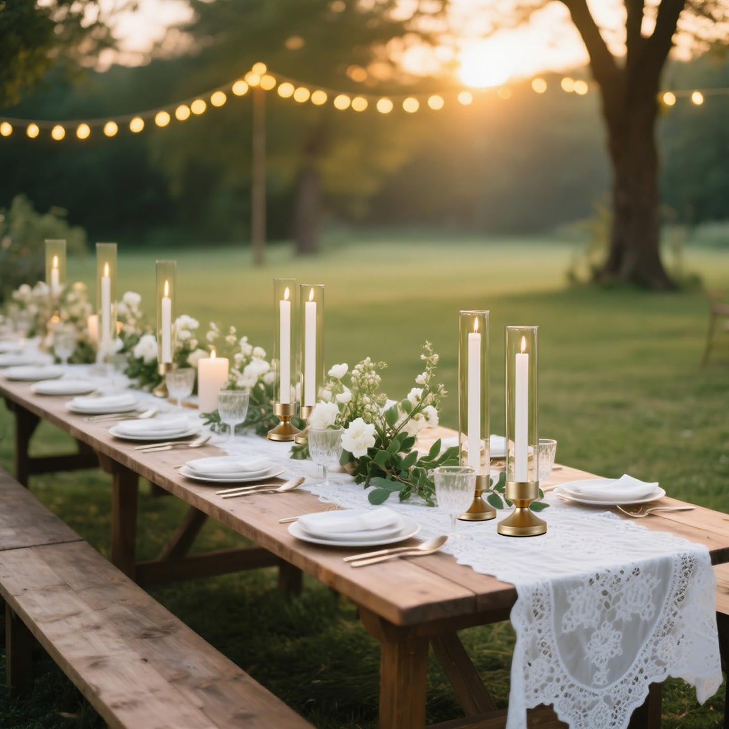 Hurricane Glass Candle Holders, Set of 10 Metal Taper Candlesrick Holders for Centerpieces Tall Gold Candle Stands Bulk with Glass Cylinder for Wedding Birthday Party Table Decor