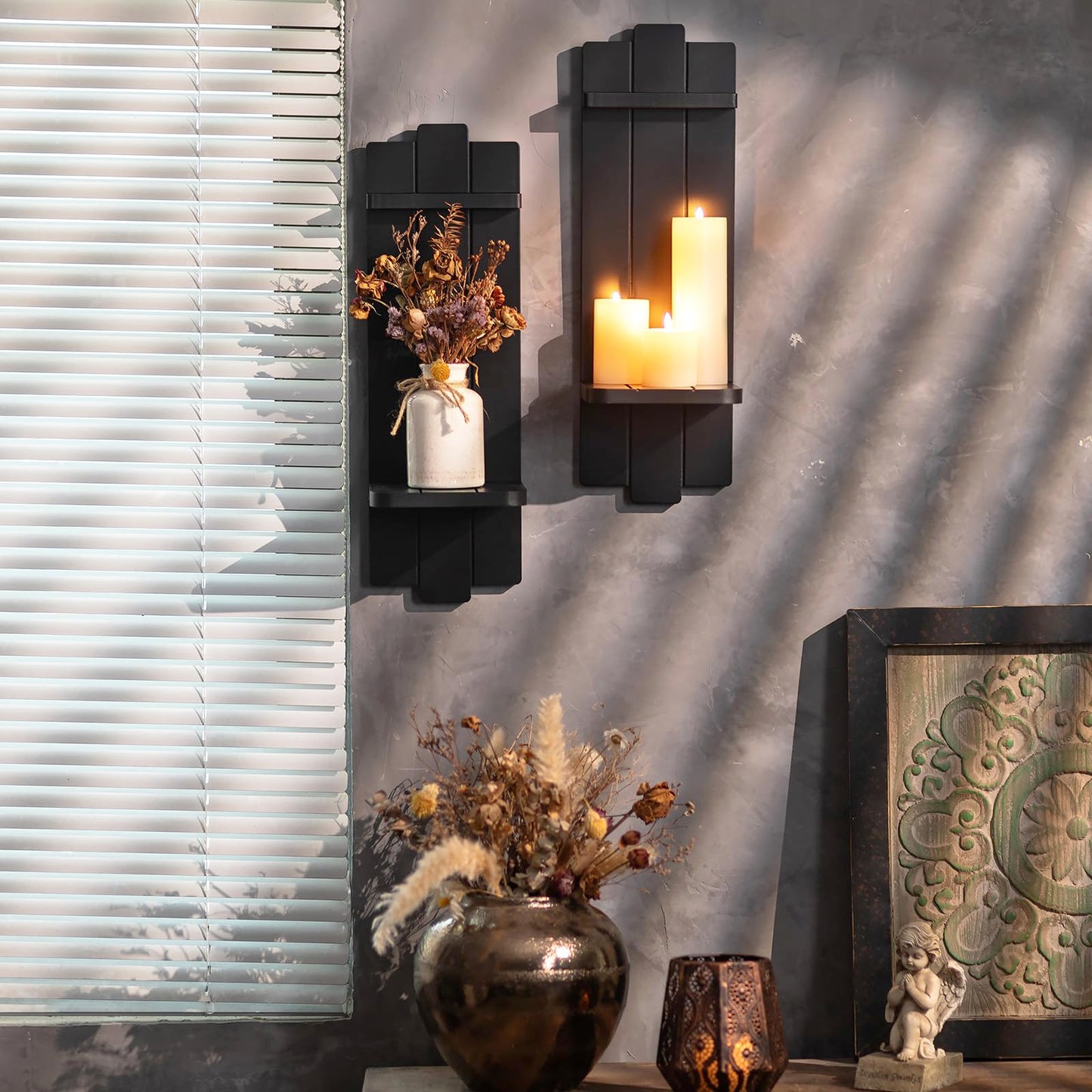Walasis Black Candle Holder Wall Decor - 19.7 Inch Large Rustic Wooden Candle Sconces Wall Shelf for Pillar Candles Vases - Gothic Decoration for Halloween Bathroom Living Room