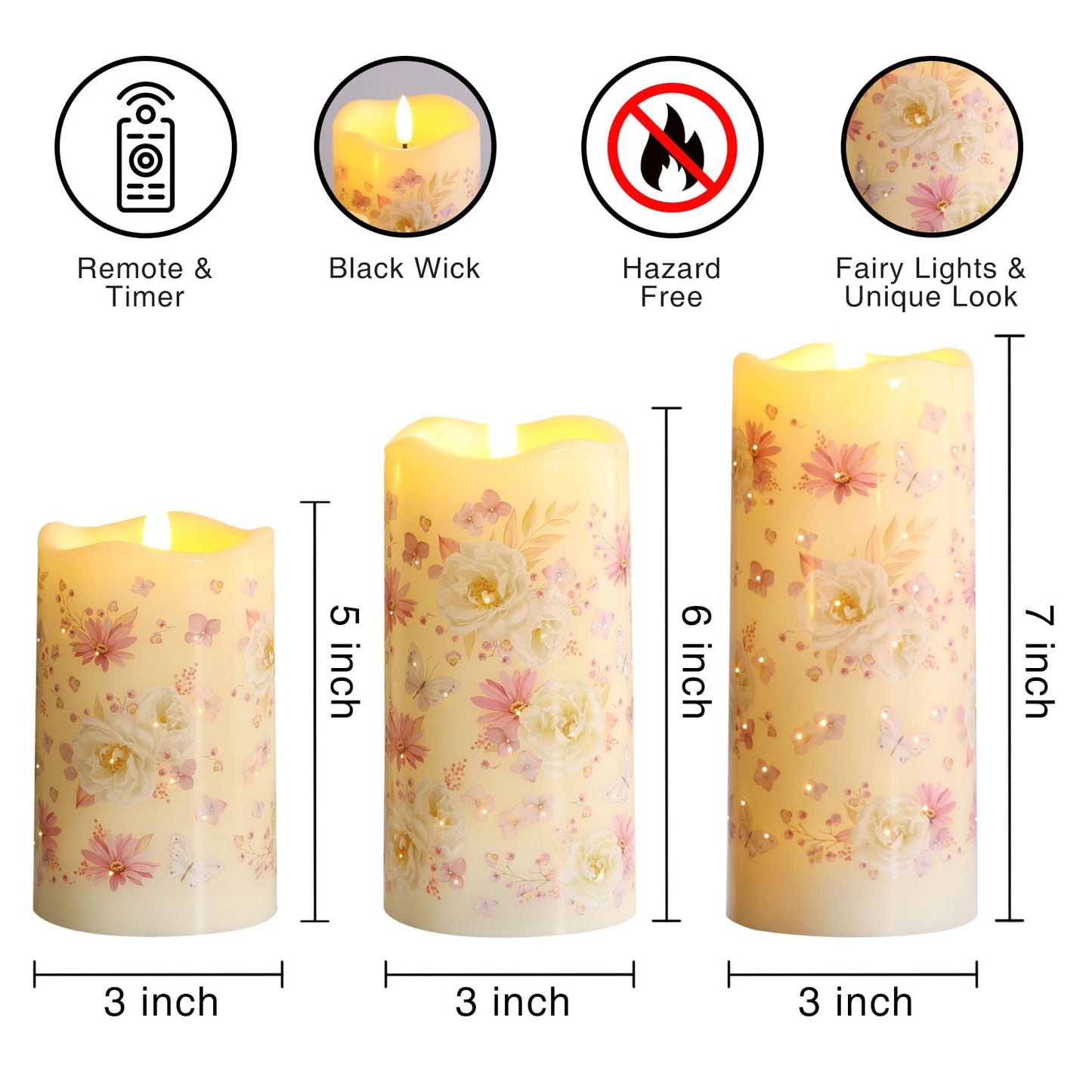 Eywamage Fiber Optic Flameless Pillar Candles with Remote, Floral Butterfly Spring LED Candles Flickering Home Decor Gift Set of 3
