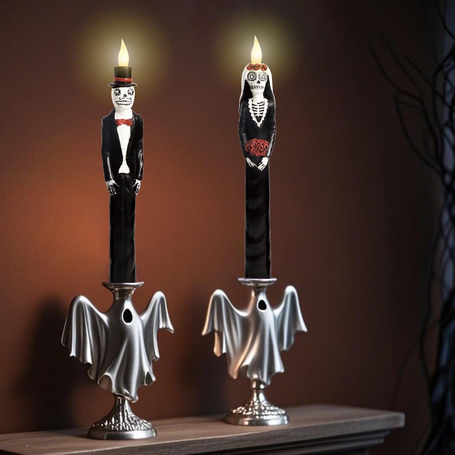 Black Flameless Taper Candles with Remote Battery Operated CandleSticks Flickering Light Set of 2 Real Wax Handmade Skeleton Couple LED Window Candles for Halloween Horror Party Gothic Wedding Decor