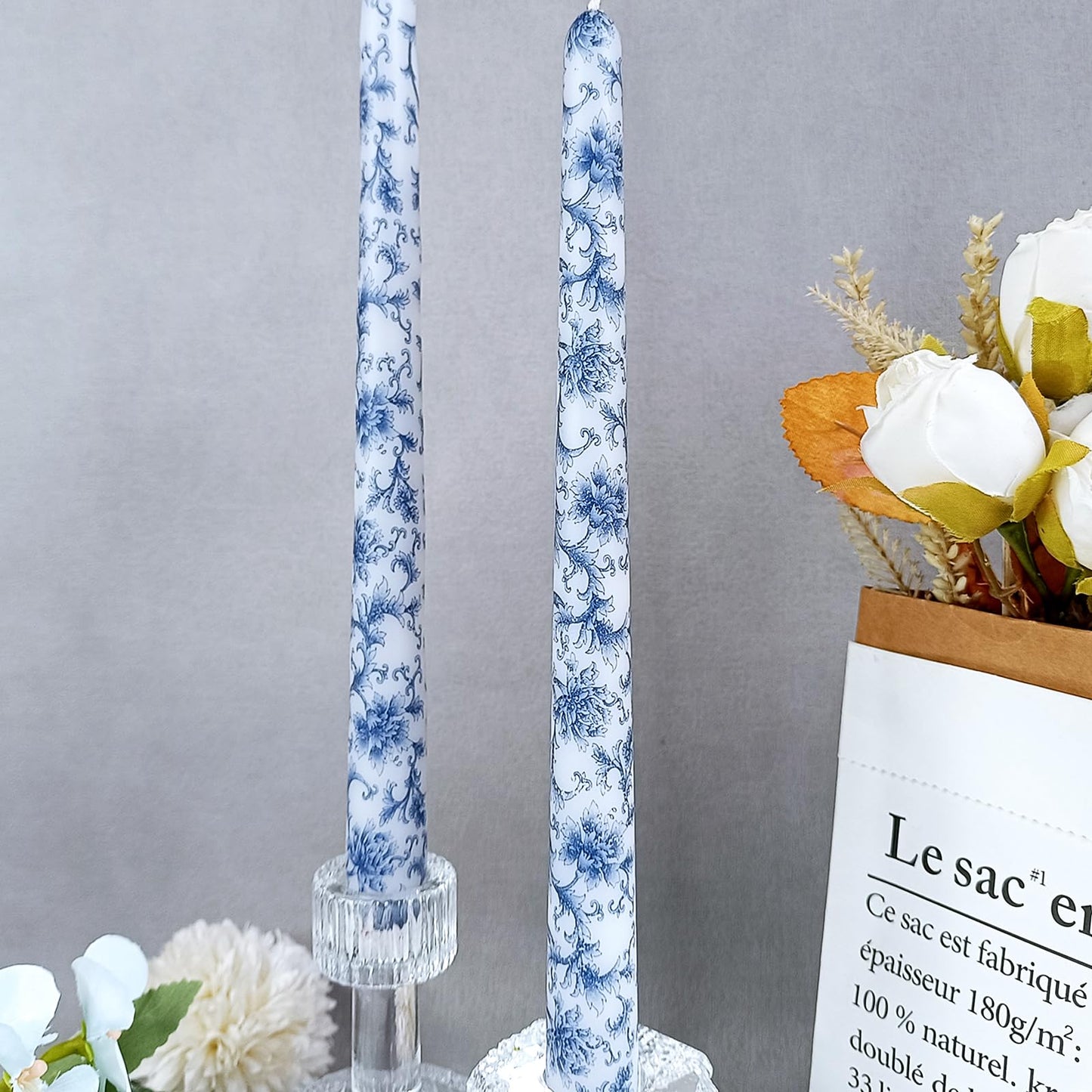 NJAO HOO Candlesticks 10 in Straight Taper Candles Hand Printing Blue and White Candlesticks Tall Tapered Candle Sticks for Home Garden Decor Simple Modern, 2Pcs