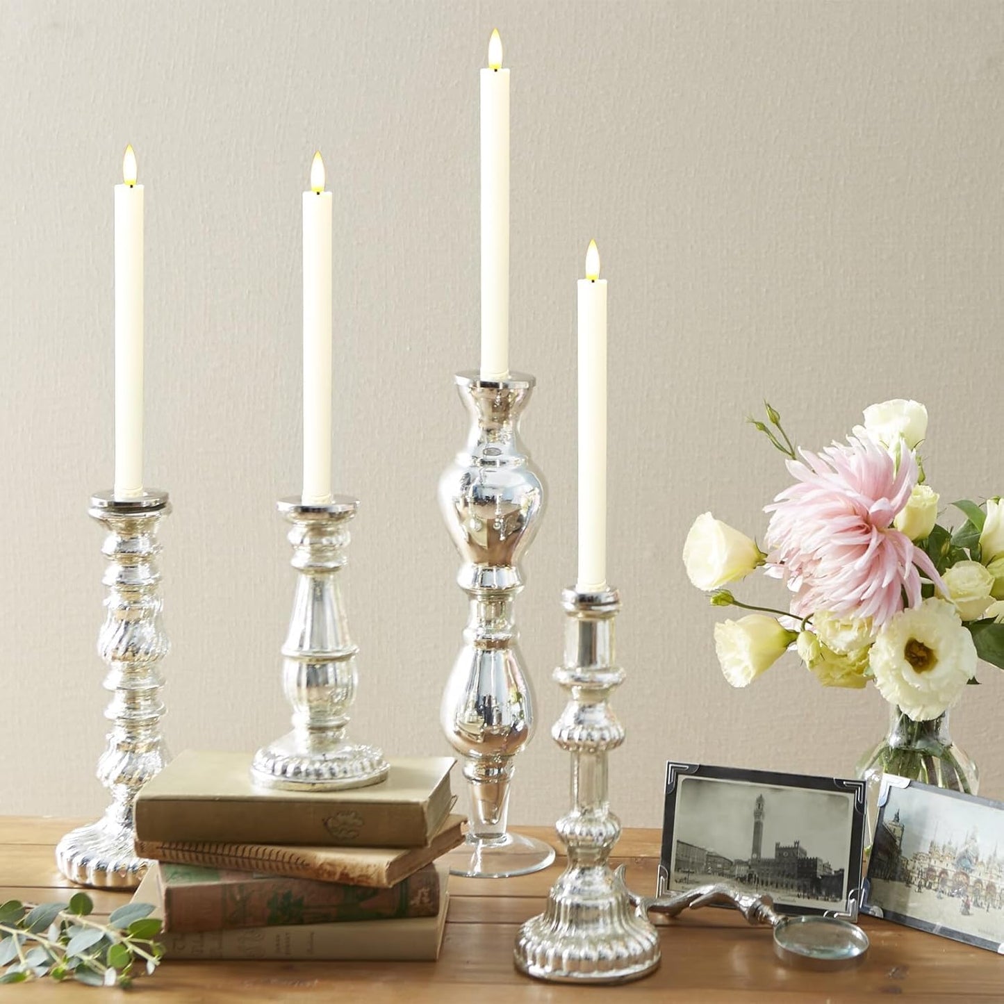 Sunjas 6PCS Flameless Taper Candles with 3D Flickering Flame Battery Operated Candles with 2 Remote with Button Cell Battery 10" Ivory LED Candlesticks Window Candle for Christmas Home Decor