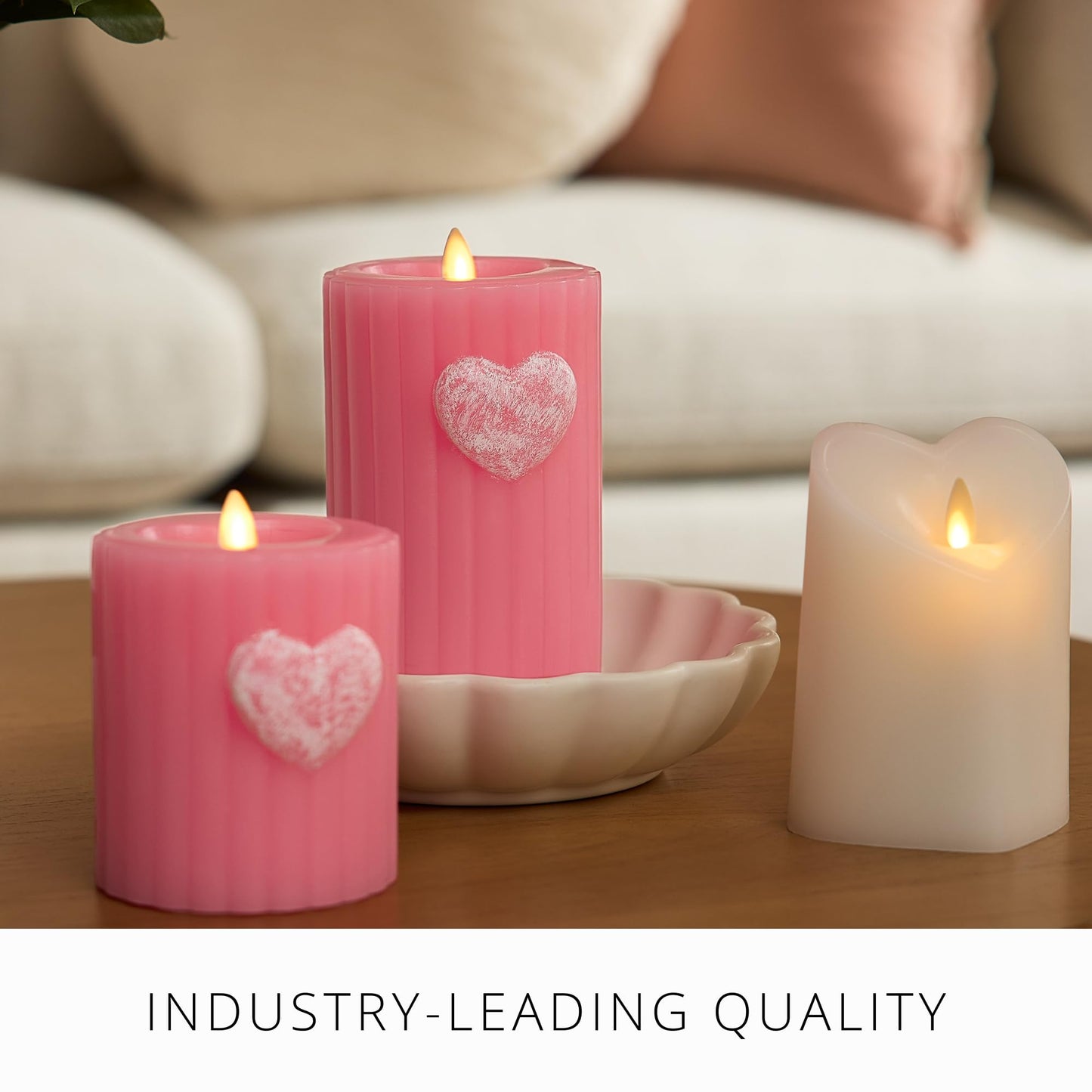 Luminara Flickering Flameless 3.7" x 4.5" Pillar Candle, Battery Operated Remote Ready (Sold Separately) & Timer Function, LED Light, Ribbed Real Pink Wax w/Embossed Heart Design for Valentine's Day