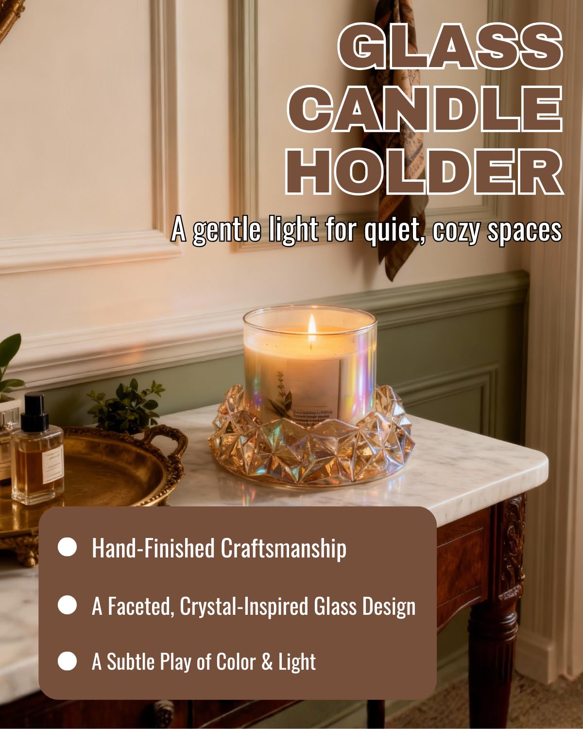 Loyipu Geometric Glass Candle Holder for 3-Wick Candles – 6in Large Crystal Candle Tray for Large Jar Candles, Scented Candles & Diffusers(Honey Amber)