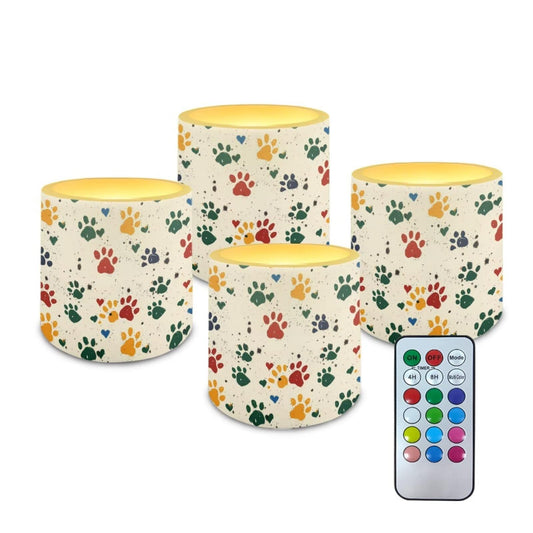 Poceacles LED Flameless Candles Set of 4 Flickering Night Lights with Remote and Timer, Stylish Design Battery Operated Candles for Indoor Outdoor Decorations, Colorful Paw Print Beige