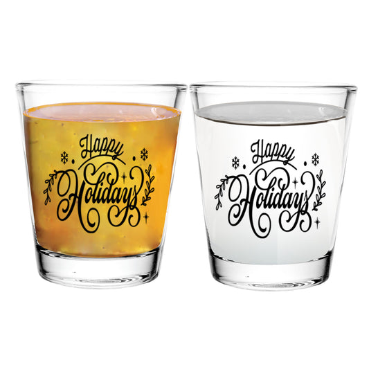 Bisyata Christmas Shot Glasses - Happy Holiday Print - Set of 2-2oz (Happy Holiday, Black Print - 2 Shots)