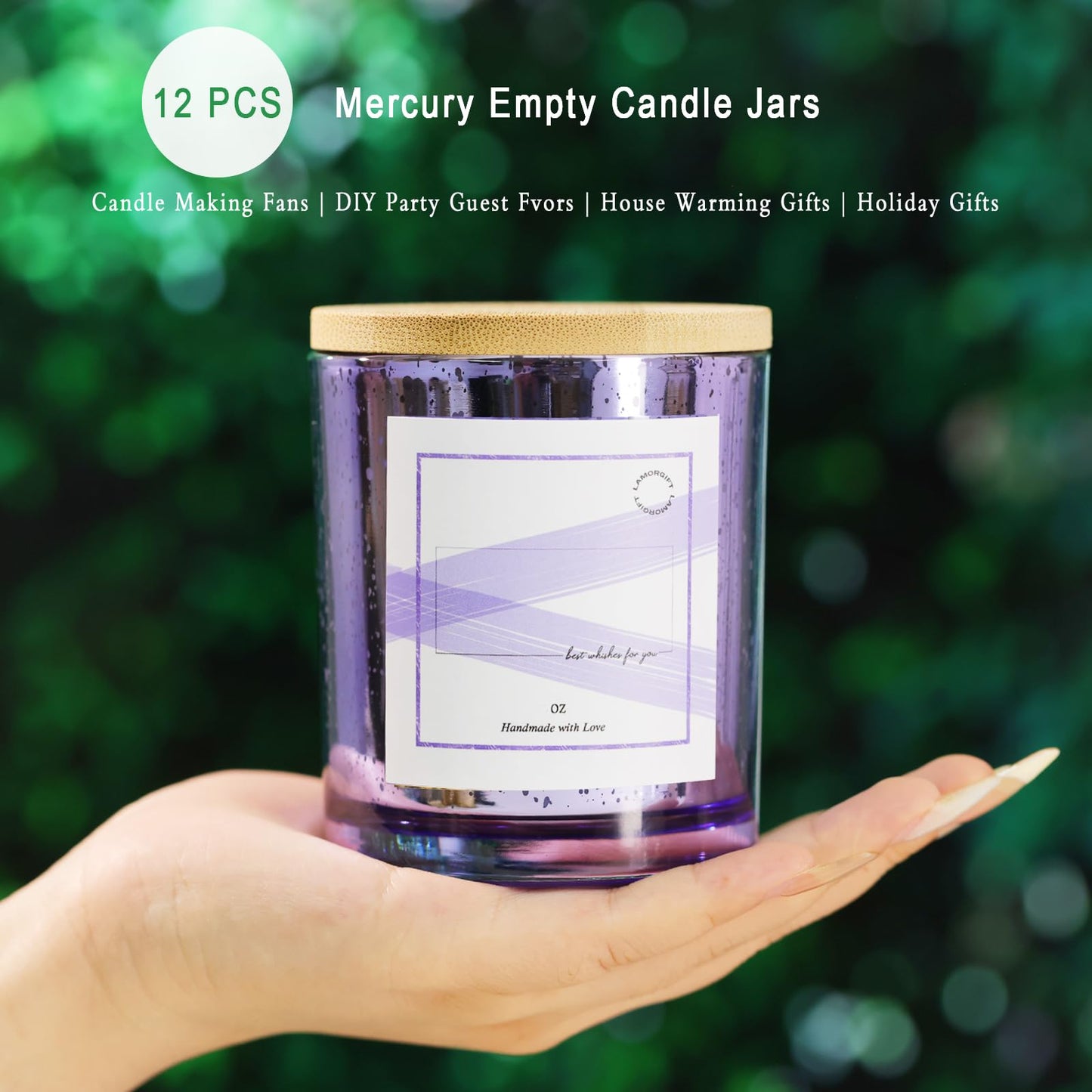 LAMORGIFT 12 Pack Glass Jars with Lids (10oz, Purple) - Making Containers for Candles - Mercury Glass Jars Include 15 Pcs Labels