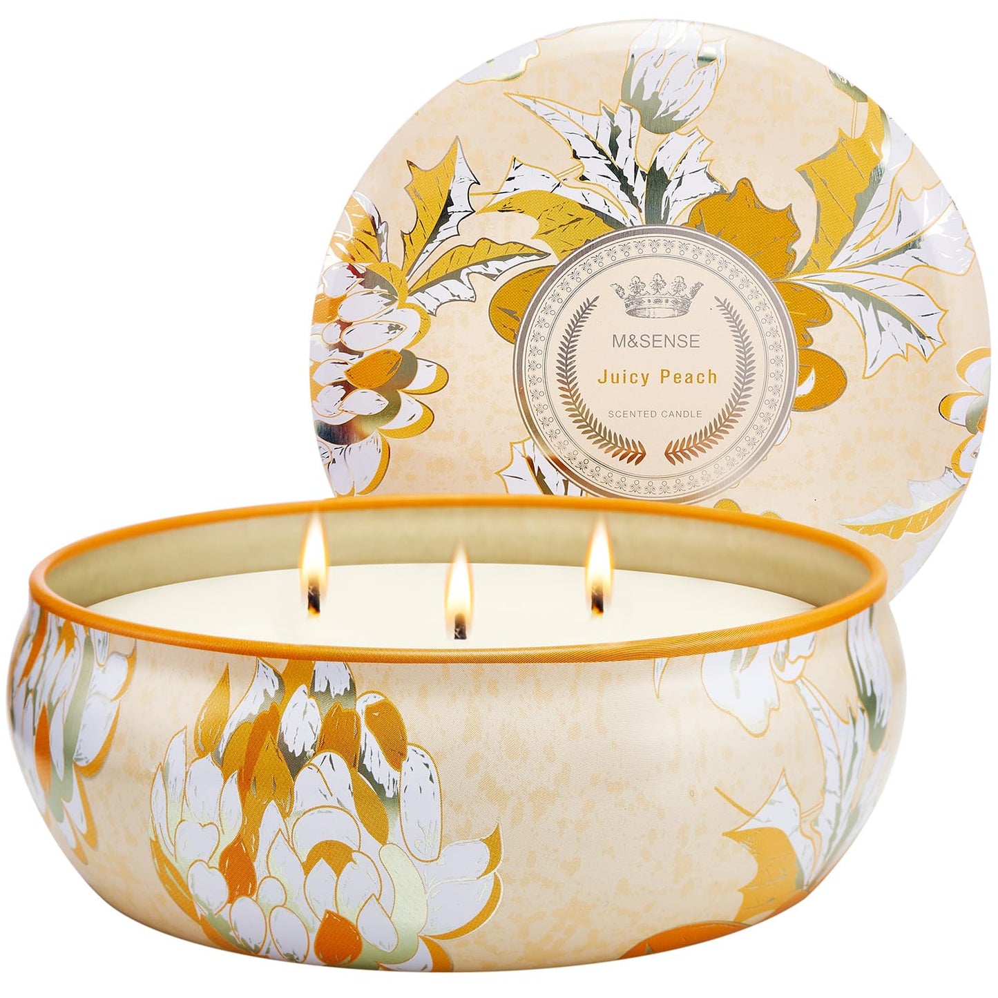 M&SENSE Peach Scented Candles 12oz 40 Hour Long Lasting, 3 Wick Soy Candles for Home Scented, Travel Tin Natural Highly Scented Candle Gift for Women Men