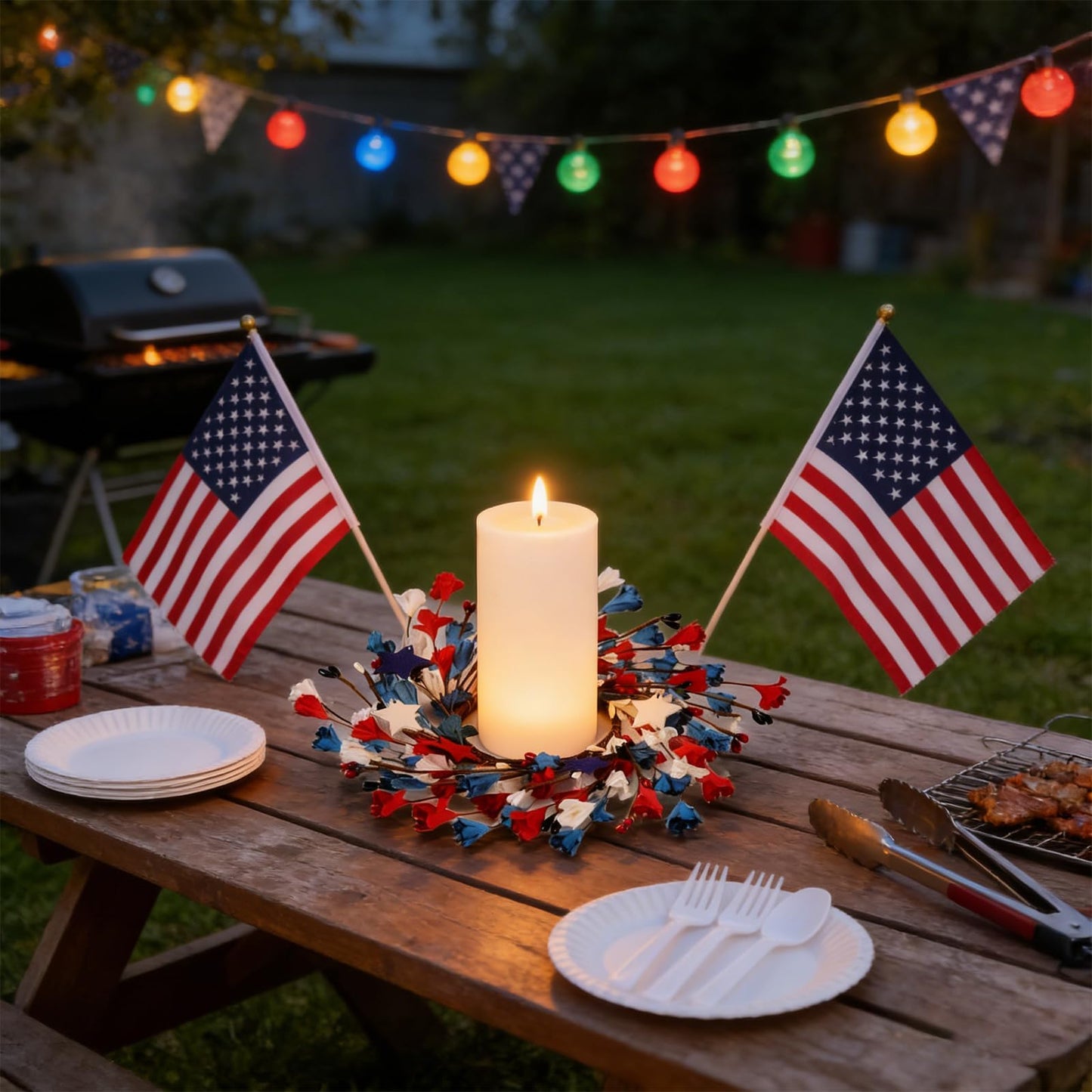 8 Pcs Mini 4th of July Candle Ring Wreaths Patriotic Red White and Blue Artificial Pillar Candle Holder Wreath for Farmhouse Independence Day Memorial Day Porch Front Door Cabinets Table Decoration