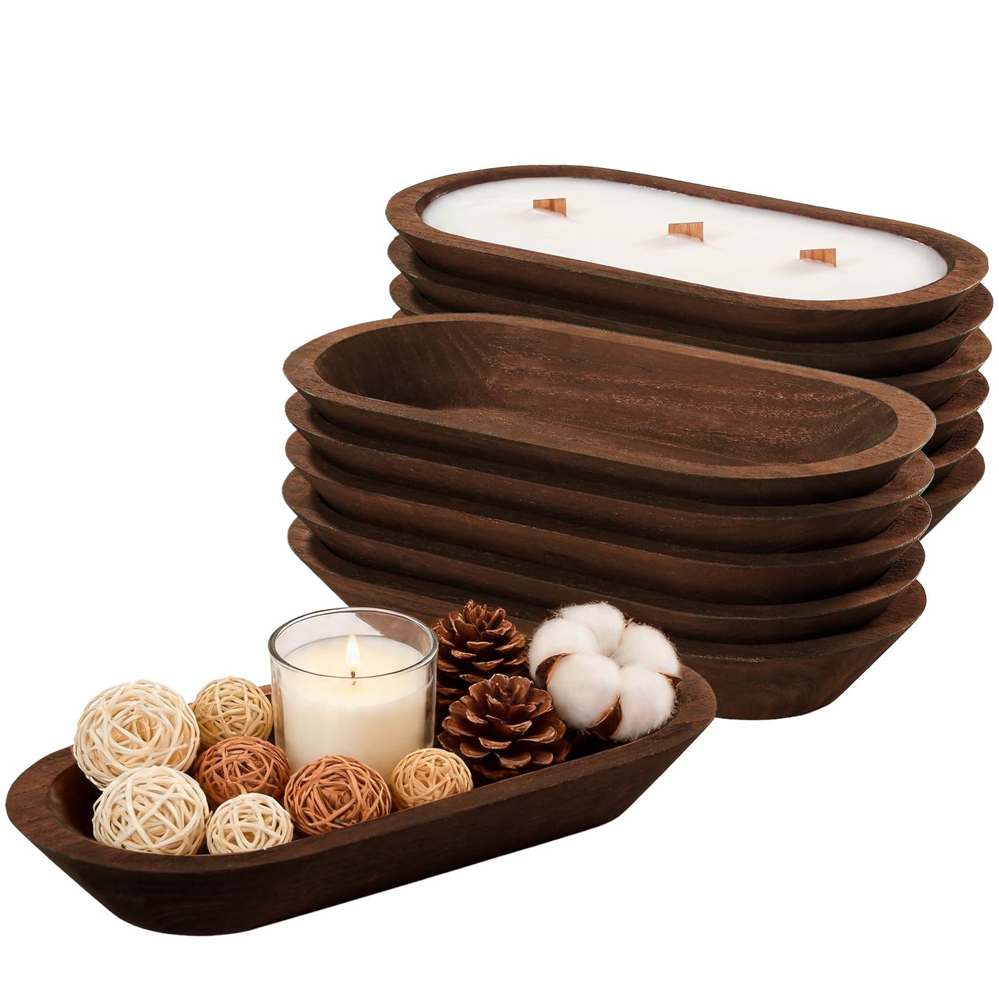 Duseu 12 pcs 12.5 Inch Dough Bowls for Candle Making, Wooden Candle Bowl Decor, Farmhouse Centerpiece Table(Brown)