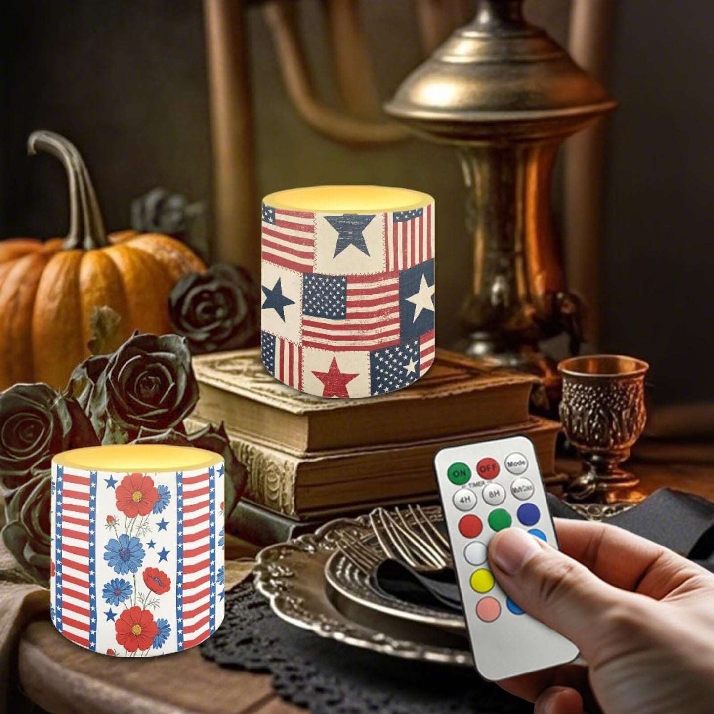 NETILGEN Flameless Flickering Candles with Timer Remote 4 Packs Novelty American Flag LED Battery Operated Pillar Candles for July 4th Independence Day Decor