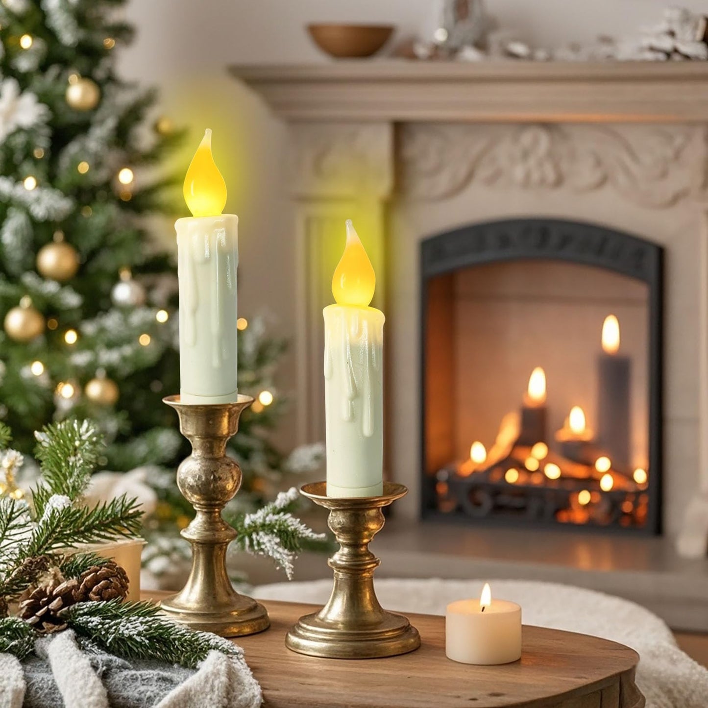 Short Taper Candles Battery Operated with Timer Real Wax Hand Dripped Flameless Taper Candles,4 Inch Ivory LED Candlesticks Flickering Country Primitive Christmas Halloween Decorations,Set of 3 PCS