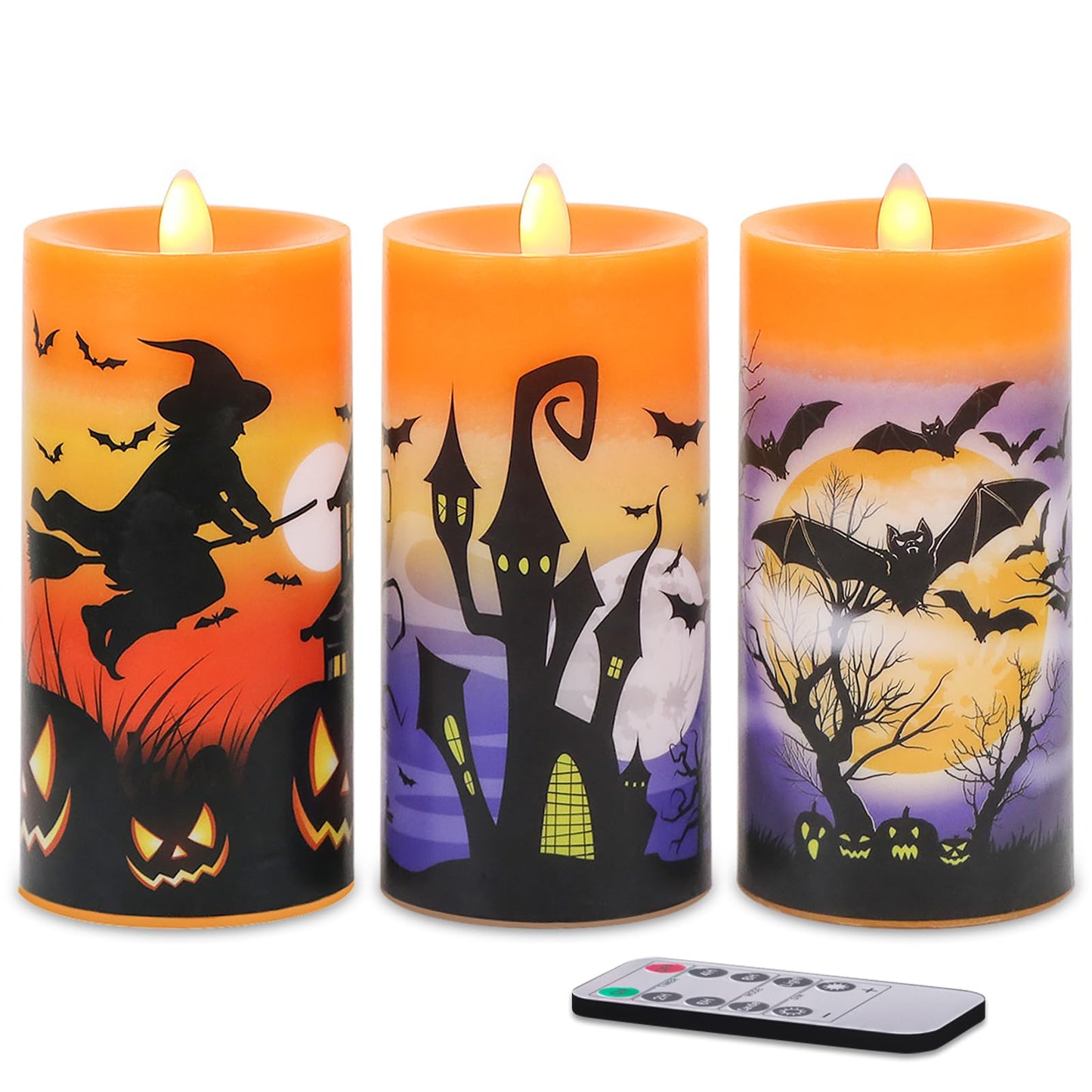 DRomance Halloween Flameless LED Candles Battery Operated with Remote and Timer, Real Wax Flickering Pillar Candles Flat Wick Dimmable Light Castle Witch Bats Holiday Decor(3 Pack, 3 x 6 Inches)