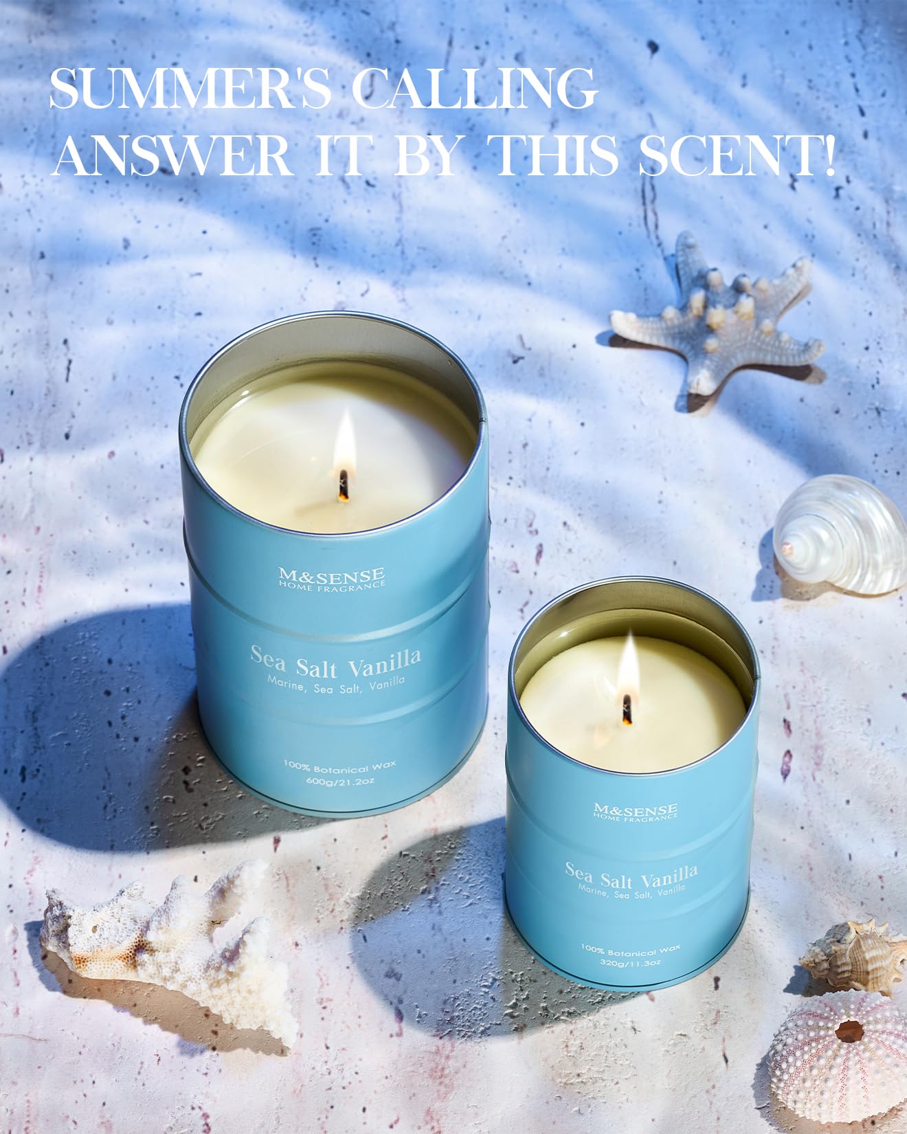 M&SENSE Sea Salt Vanilla Scented Candles Large Beach Candle, Natural Soy Summer Candles 21.2oz 120 Hour Slow Burning,Aromatherapy Candle for Stress Relief Meditation Relaxing