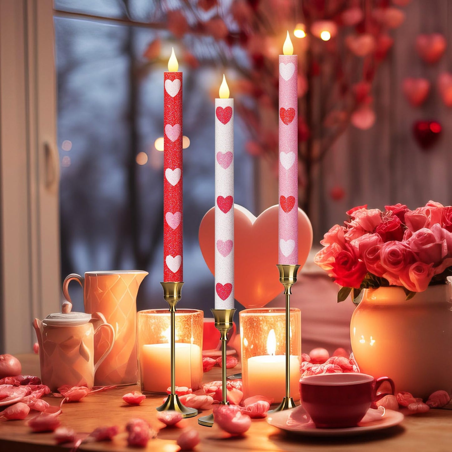 Honoson 6 Pcs Heart Glitter Flameless Taper Candles 10.6 Inch Valentines Day Candles Battery Operated LED Candlesticks for Valenties Wedding Bridal Birthday Baby Shower Party Dinner Table Home Decor
