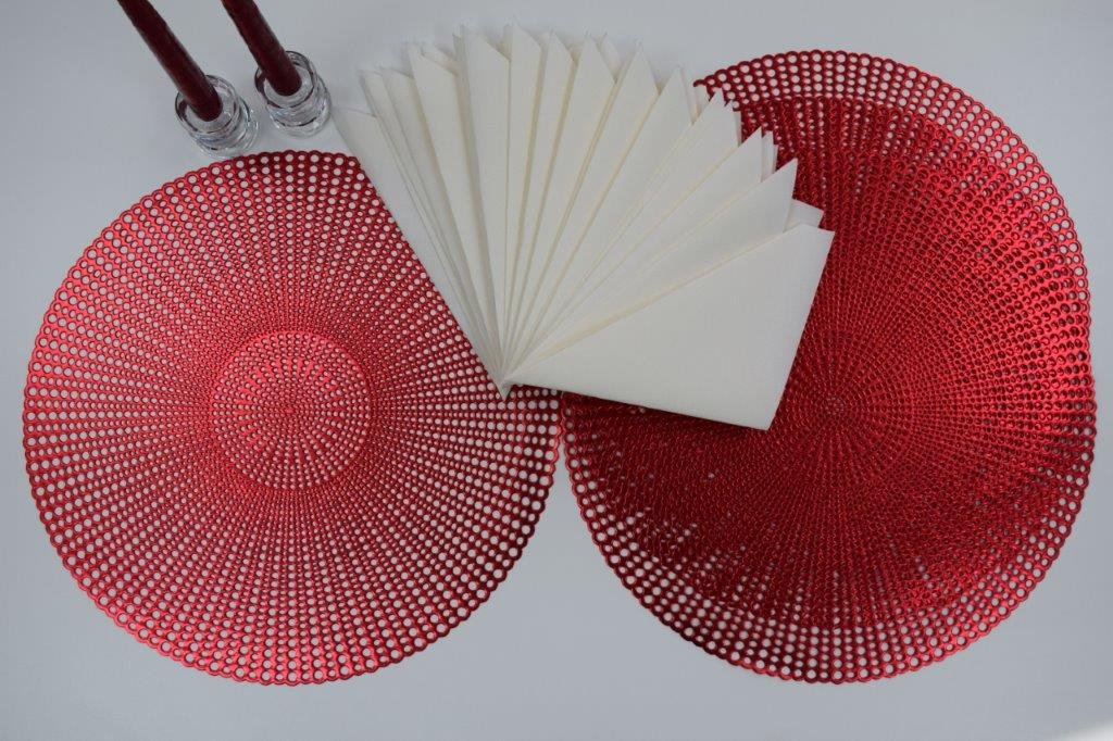 16" Round Placemats (Set of 4), 12 Prefolded 3 ply Napkins, 2 Matching Taper Candles, 2 Glass Candle Holders (Silver)