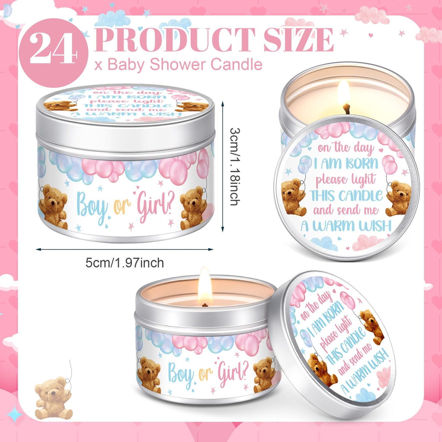 MTLEE 24 Pcs Gender Reveal Bear Baby Shower Party Favors Candles Lavender Scented Baby Shower Favors for Guests Rustic Tealights Candles Gender Reveal Return Gifts (1.2 oz, Blue and Pink)