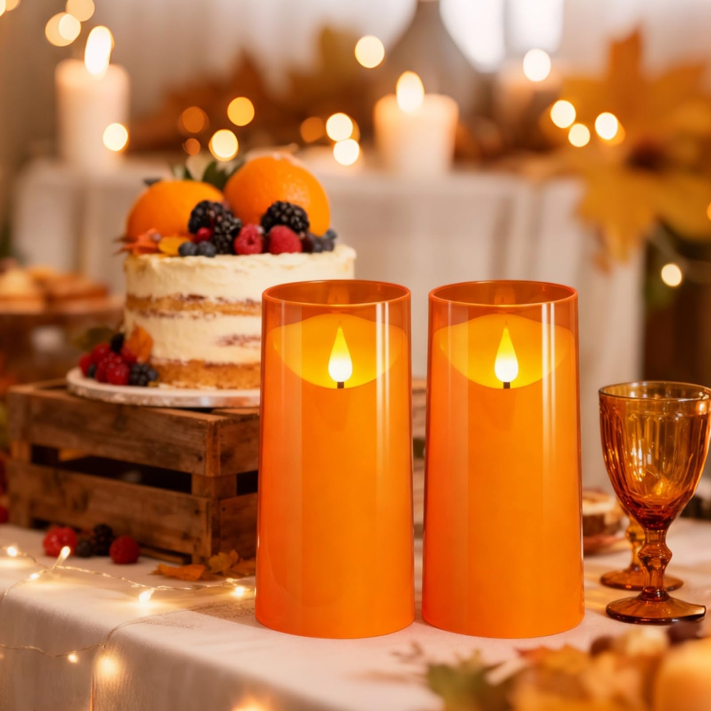 NURADA Flameless Candles with Remote and Timer - 3D Wick Unbreakable Acrylic Battery Operated LED Pillar Battery Candles for Fall Thanksgiving Dinner Tables Wedding Party Home Decor - Orange 2 Pack