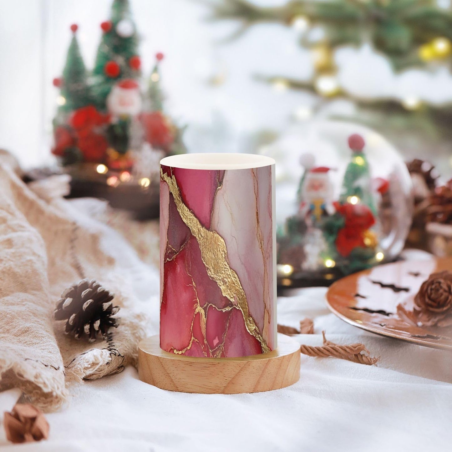 Zathe Flameless Pillar Candle Timer Led Candles for Table Marble Blush Red
