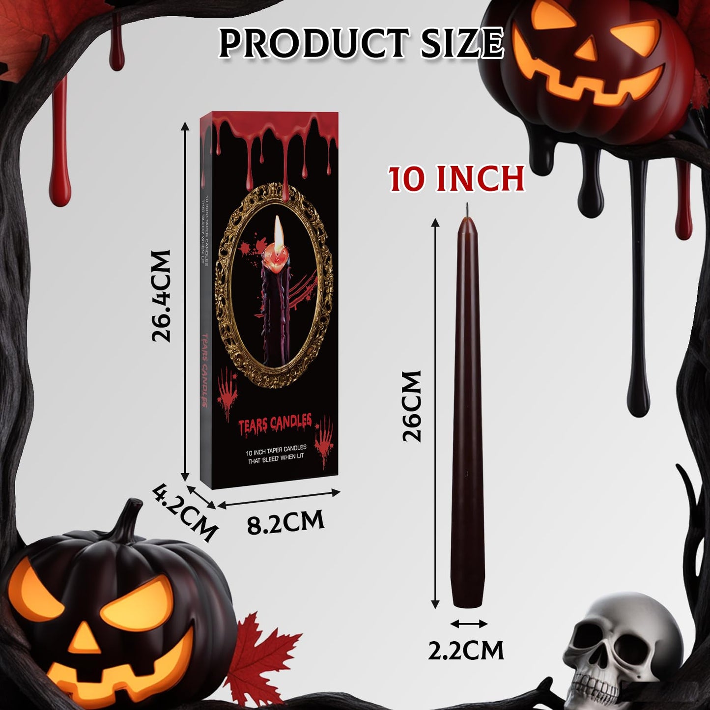 8 Pack Vampire Tears Taper Candles, 10 inch Tall Bleeding Candles, Soundvalue Unscented Black Tapered Candlesticks, Spooky Blood Drip Candle Set for Halloween Party Gothic Home Decorations