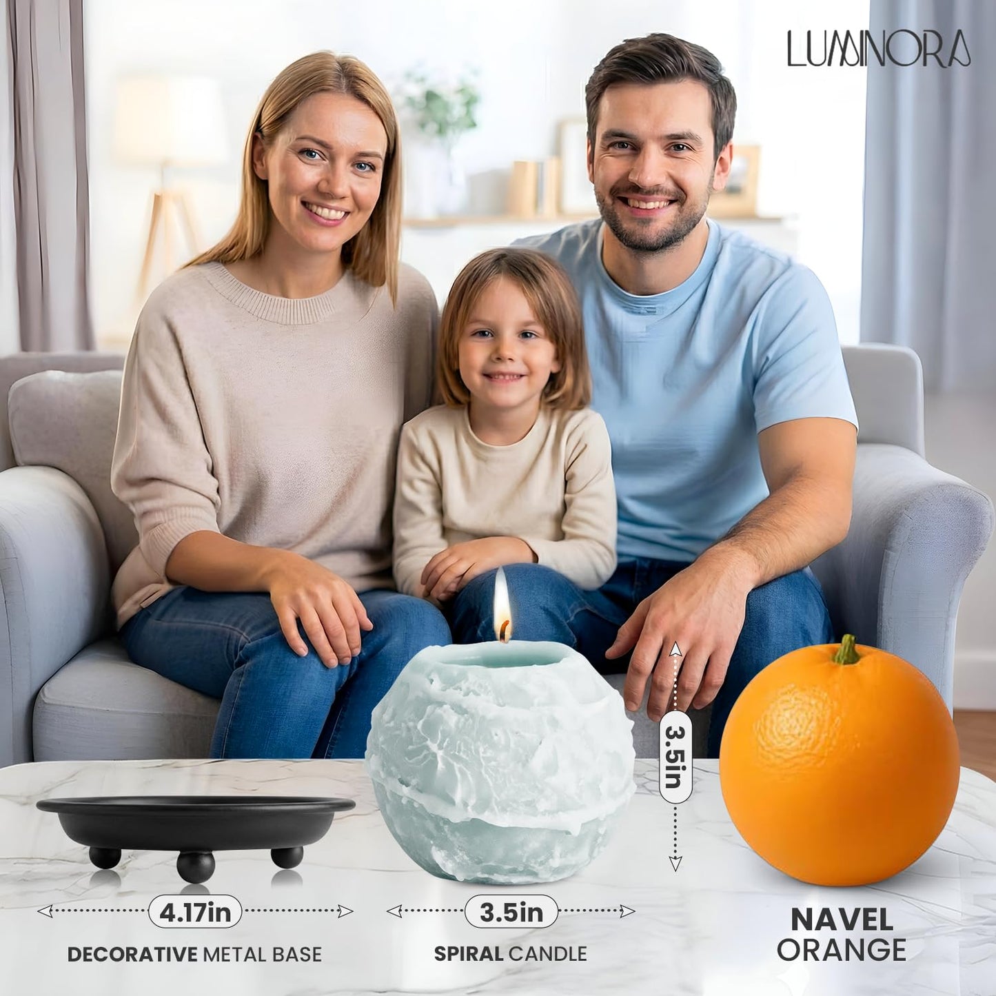 Luminora Spiral Candle with Hollow Round Design, Sculptural Wax Decor Gift, Unique Wick Flame Path, Modern Accent Piece for Shelf, Table, Mantel, and Entryway Display Set (Blue, Ocean Scented)