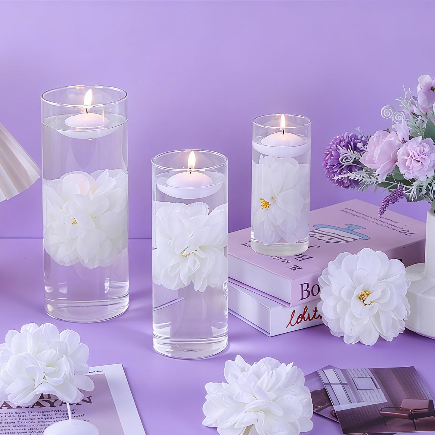 ZJGXH 24 Pcs Floating Candles for Centerpieces and Floating Flowers Vase Fillers for Centerpieces White Artificial Flowers for Wedding Table Party Home Decoration