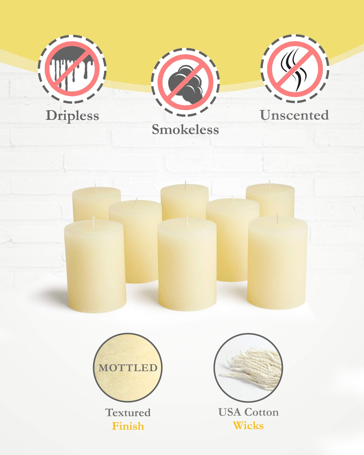 Mottled Pillar Candles by Bask - Set of 8-3" x 4" Dripless Unscented Candles in Ivory for Home Decor, Relaxation & All Occasions