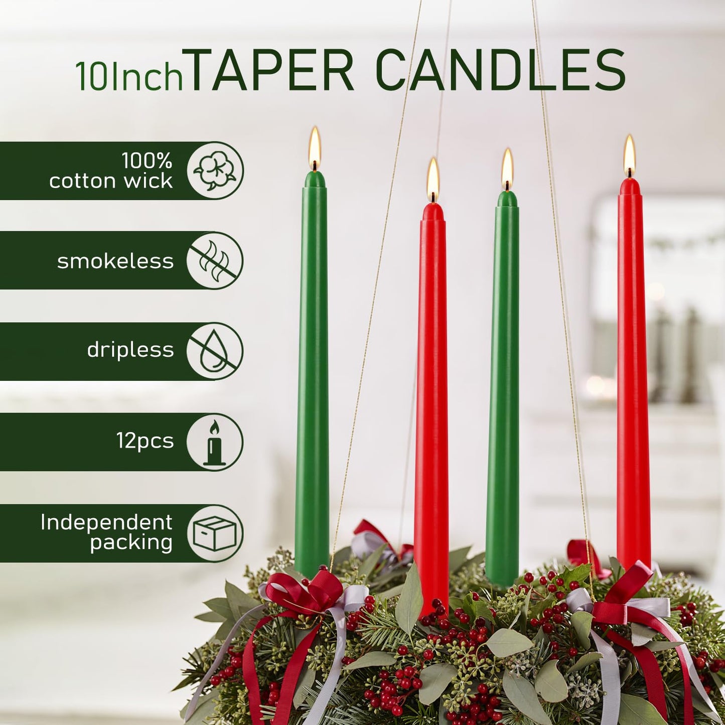 12-Pack 10-Inch Green & Red Christmas Taper Candles - Perfect for Holiday Decorations and Parties