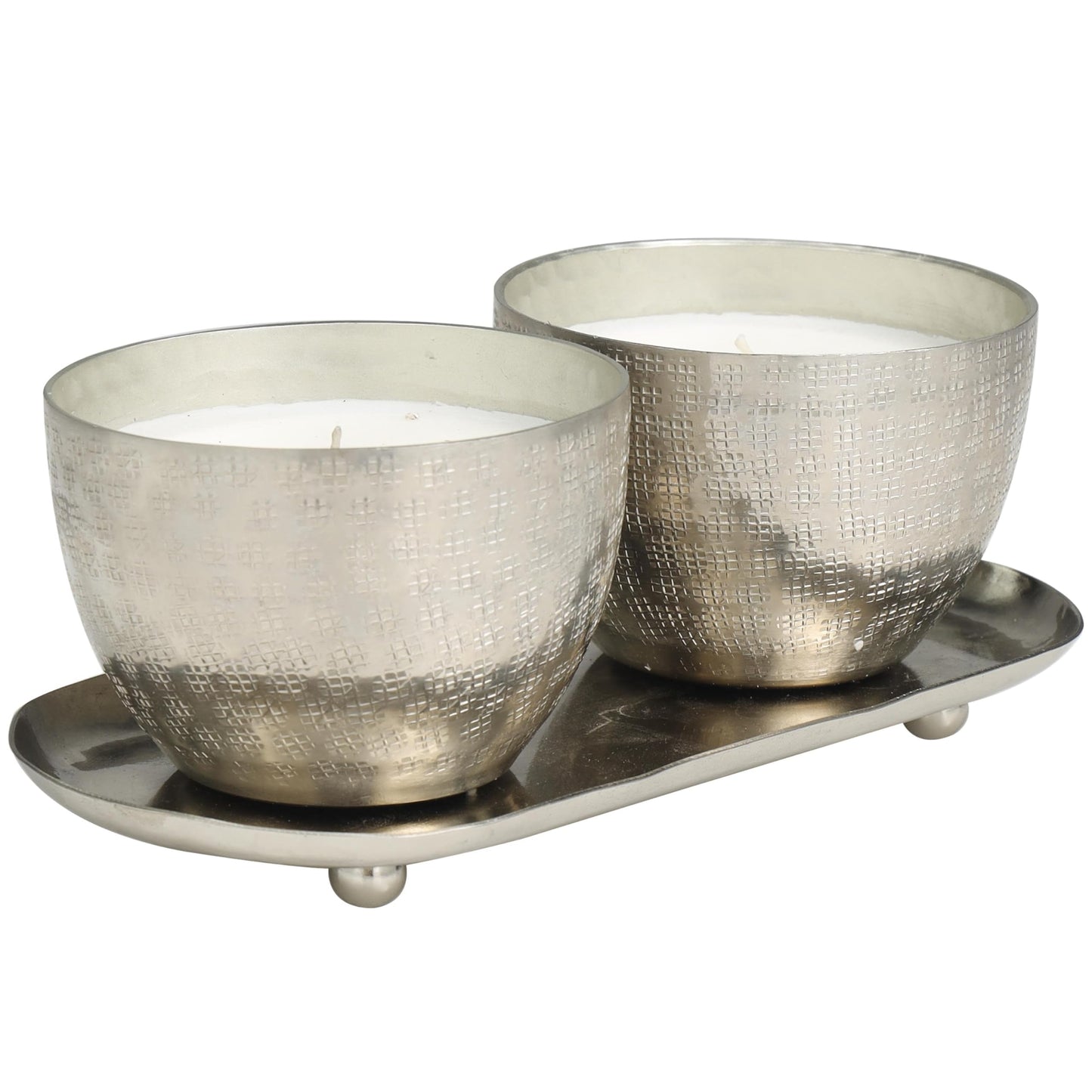 Deco 79 Metal Decorative Candle Campfire Scented Grid Patterned 10 oz 1 Wick Aromatherapy Candle with White Wax, Set of 2 Wax Aromatherapy Candle 10" W, 4" H, Silver