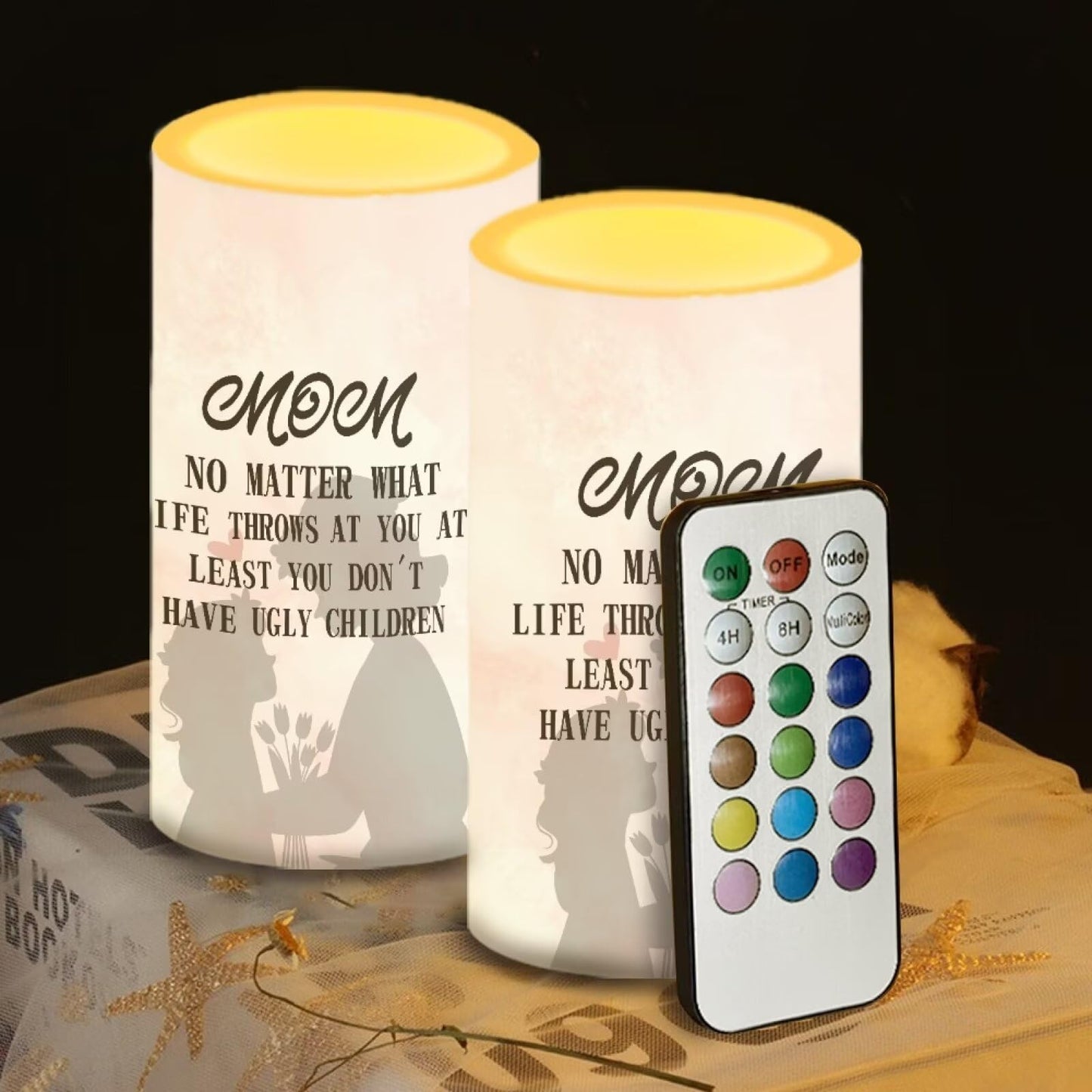 Luarisgur Mother Day Candles Battery Operated Flameless Candles with Remote Spring Decorations LED Fake Candles for Home Bedroom Mom Daughter Floral Print Table Decor 3 inch Set of 2