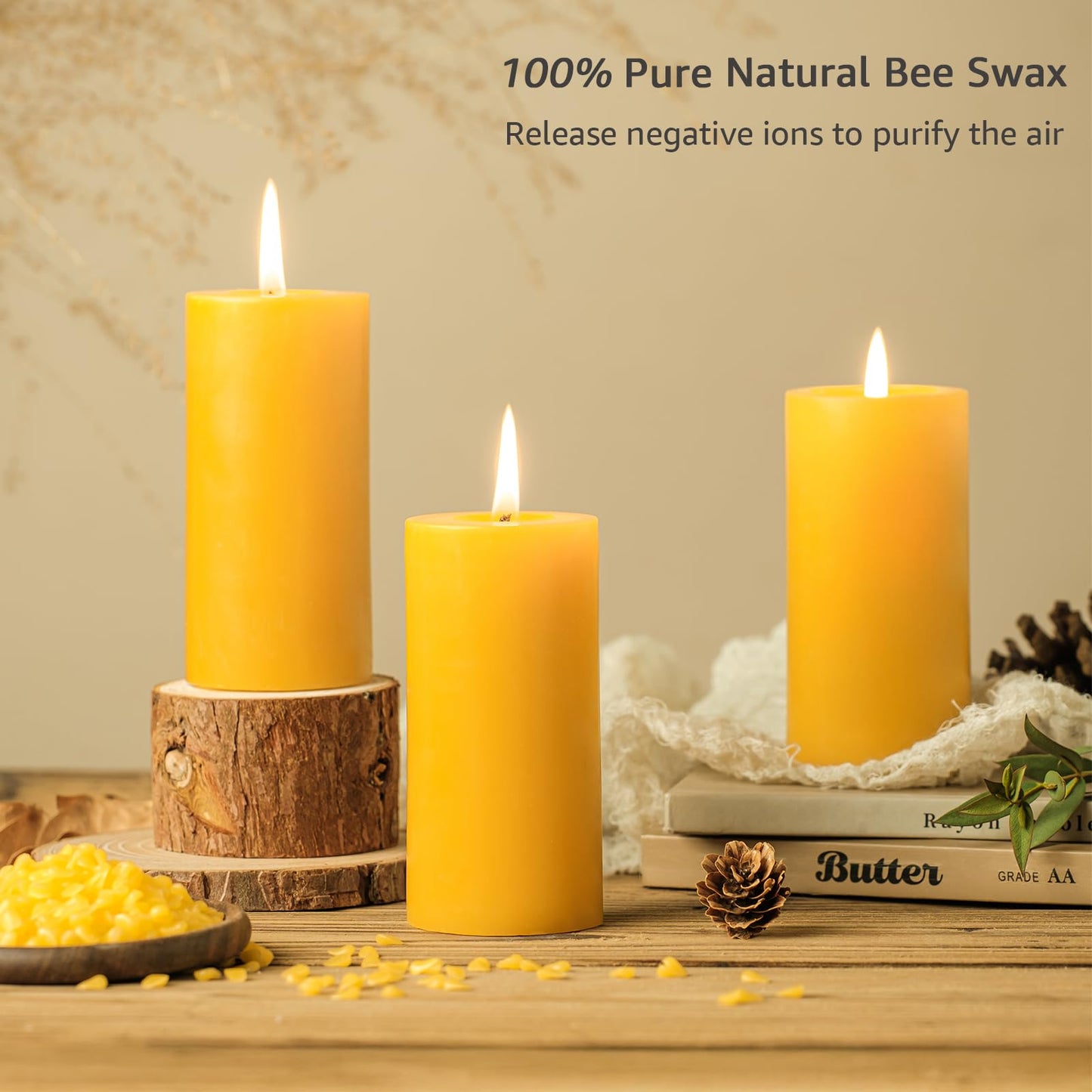 Natural Organic Beeswax Pillar Candles 2x4 Inch Bulk, 100% Pure Bees Wax Candles for Home, 210 Hour Long Burning, Dripless Smokeless Non Toxic Candle for Emergency Parties Meditation Prayer(6 Pack)