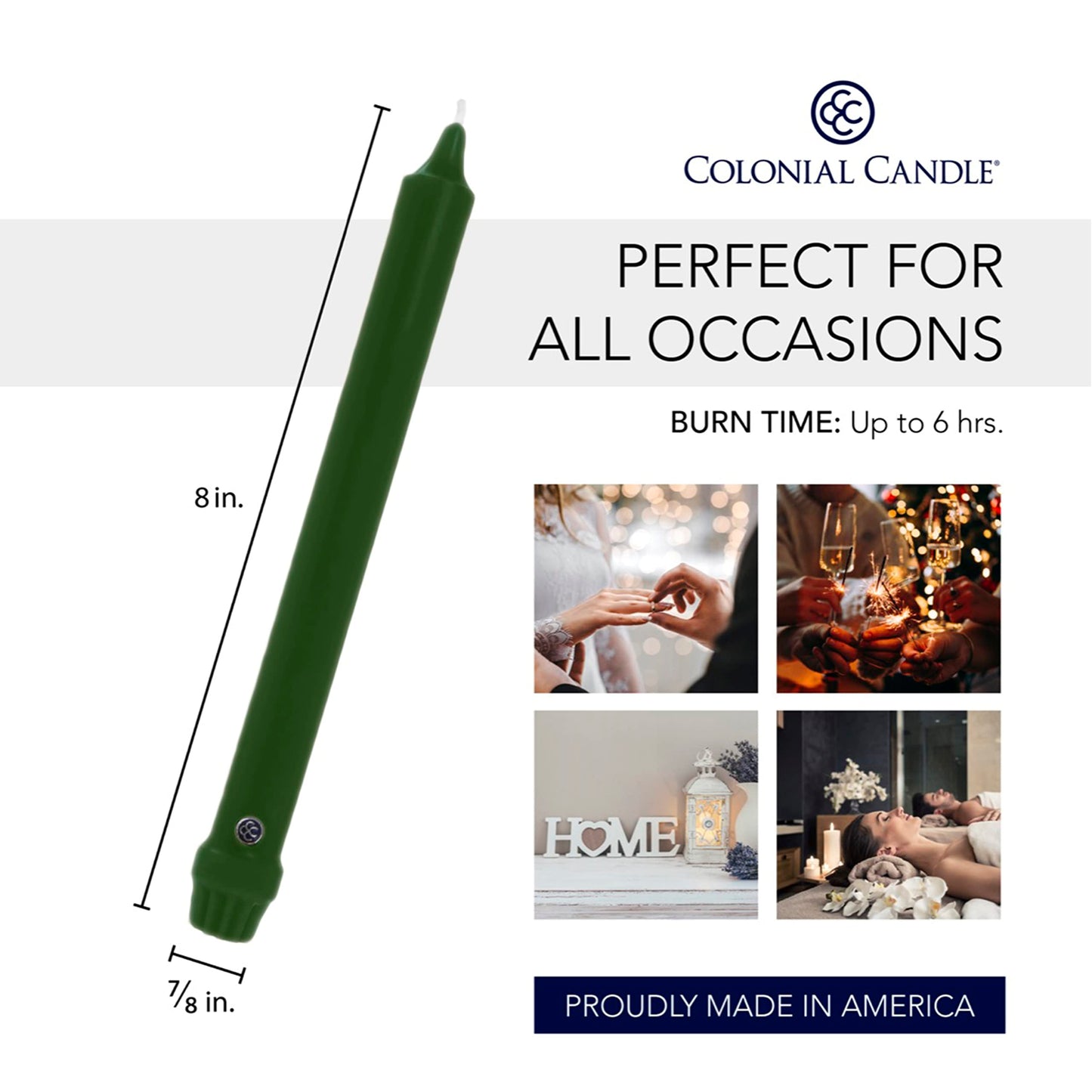 Colonial Candle Unscented Taper Candle, Classic Collection, Evergreen, 8 In, Pack of 12 - Up to 6 Hours Burn