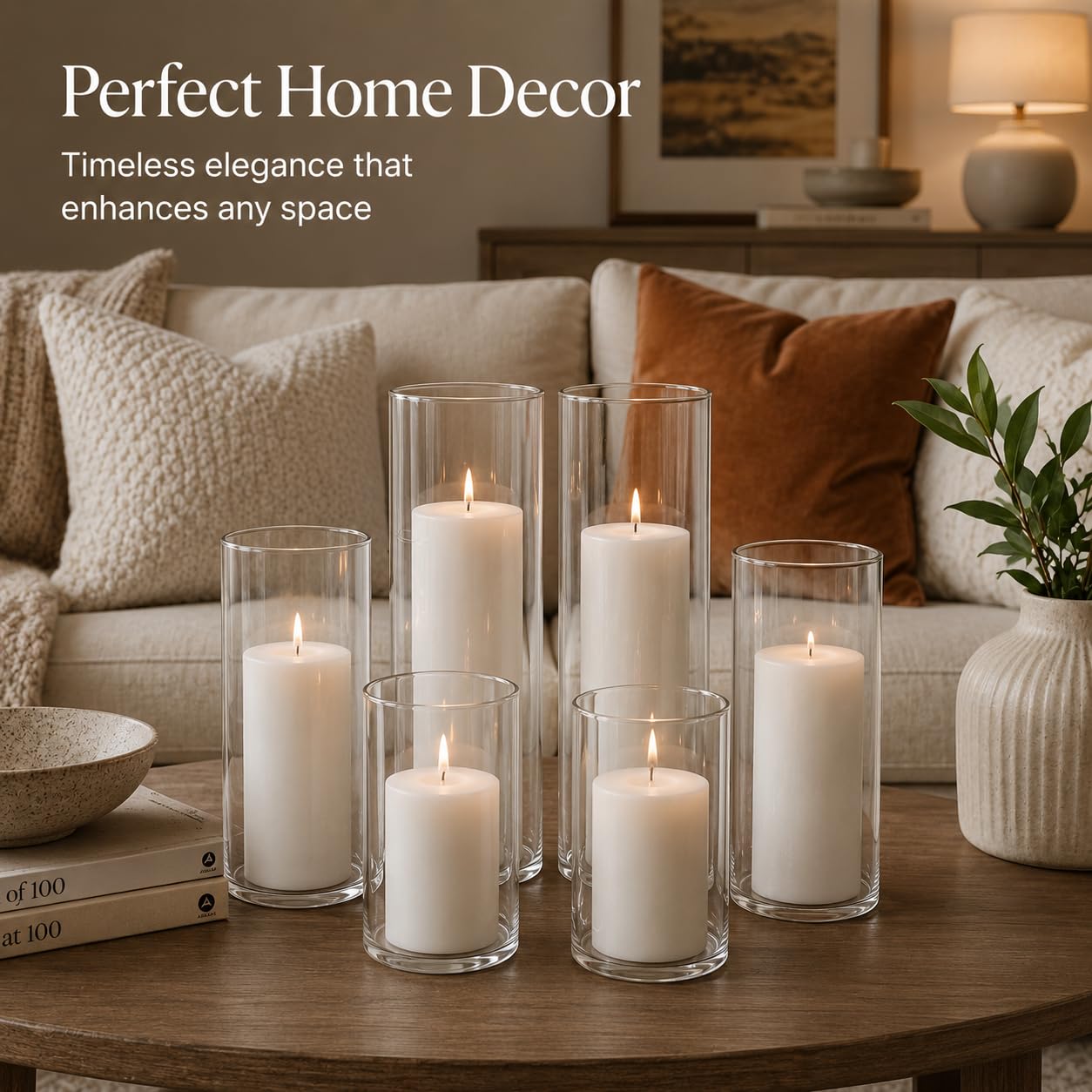 Set of 6 White Pillar Candles with Clear Glass Hurricane Holders- Elegant Cylinder Candle Vases for Weddings, Parties, Centerpieces, Home & Office Decor (White, 6 Set)
