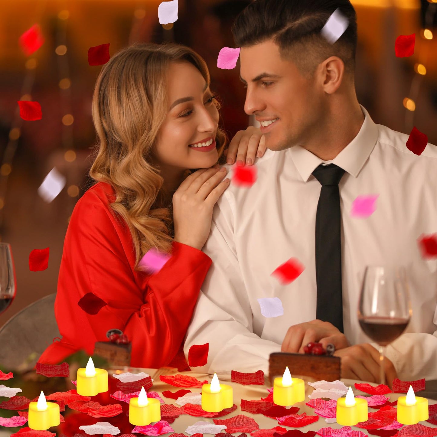 Coume 6000 Pieces Artificial Rose Petal 72 Pieces LED Tealights Candle, Romantic Decorations Special Night Rose Petal Heart Candle for Valentines Wedding Anniversary Proposal Decor(Cute White Light)