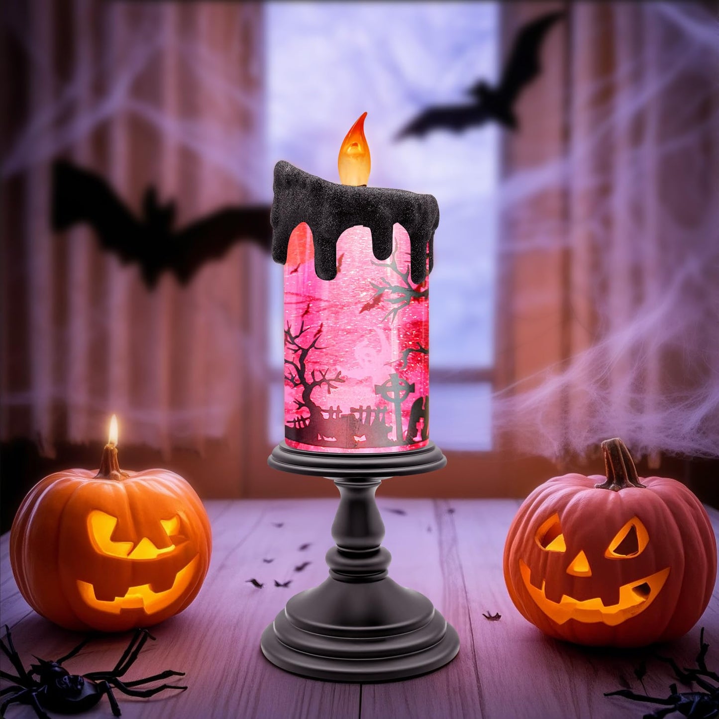 Halloween Snow Globe Candle with Pink Graveyard Scene – LED Flameless Candle with Water Glitter Swirls, Battery Operated Light Up Halloween Decoration for Indoor Tabletop or Mantel