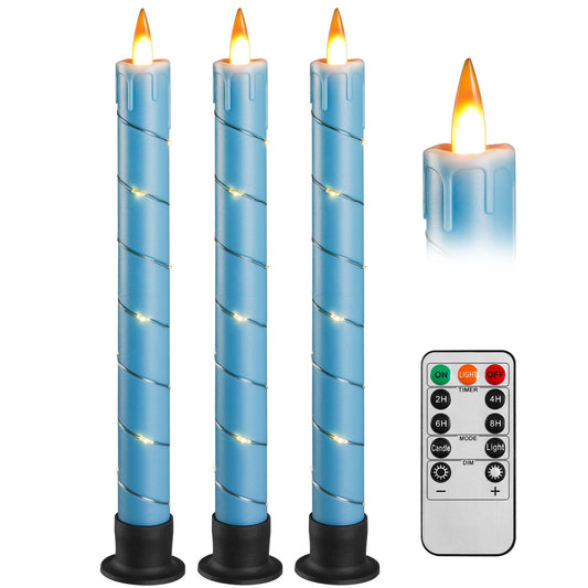 3 Pack Blue Dripping Wax Flameless Candles, Realistic Dynamic Flame LED Taper Candles with Surrounding Fairy String Lights, Remote Control Battery Operated Candles for Home Wedding Holiday Decor