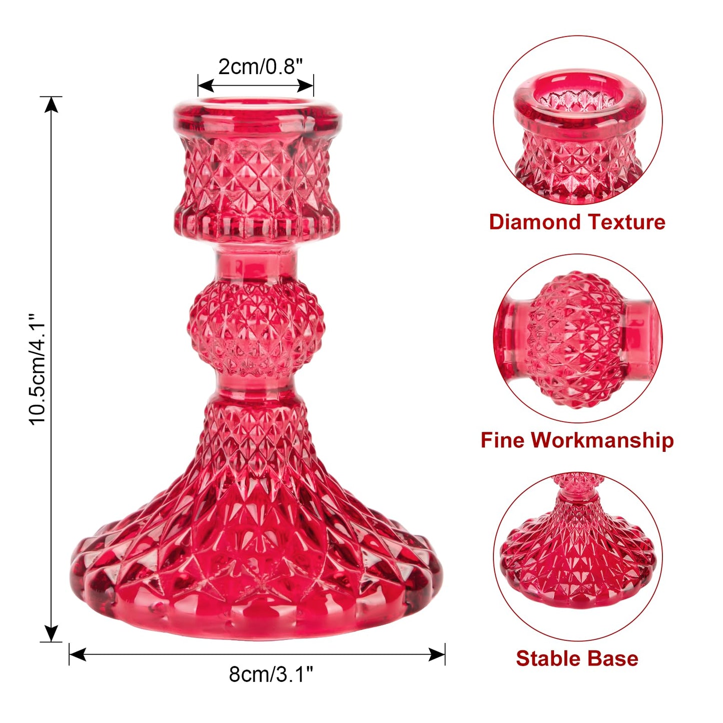 Glass Candle Holder, 2PCS Decorative Candle Sticks Pillar Candle Stand for Formal Events Wedding Party Table Centerpieces Home Decoration, Red