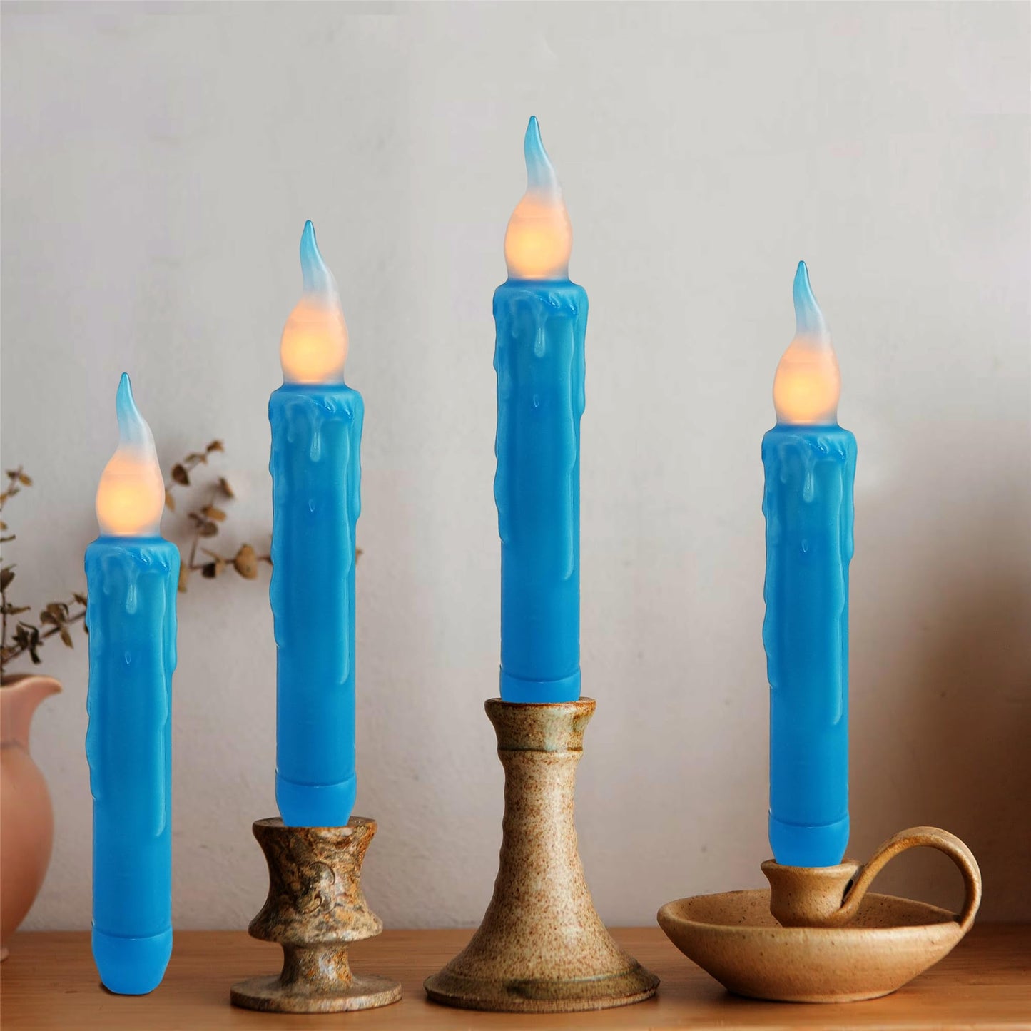 Gedengni Magical Candlesticks Flameless Taper Candle, 4pcs Real Wax LED Tapered Candles Remote Dipped Candle 6inch Battery Chandelier for Enchanting Weddings and Harry Potter Inspired Vigils(Blue)