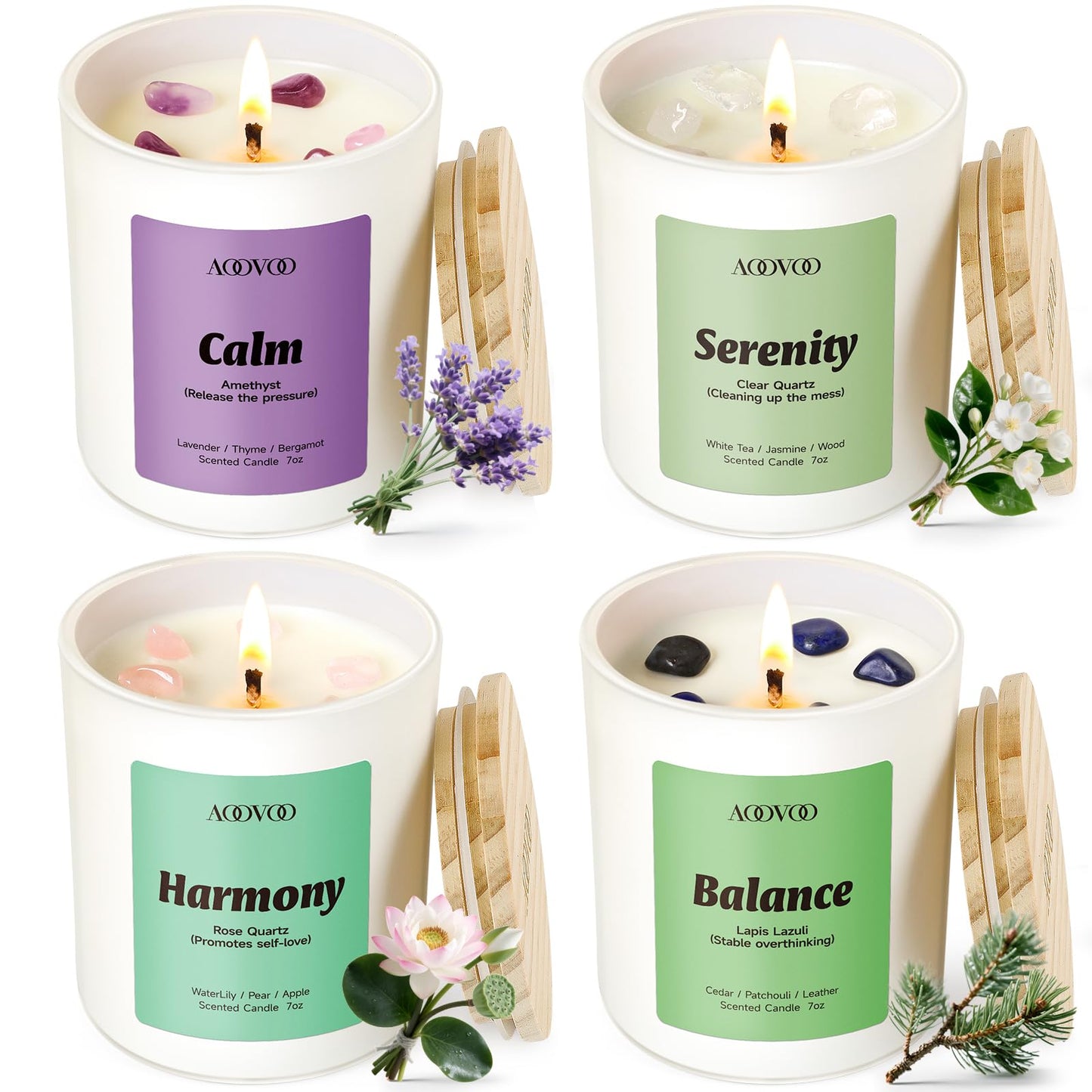 AOOVOO Calm Candles Set for Women - 4 Pack Candles for Home Scented, 28 oz 200 Hour Burn, Aromatherapy Candle with Crystals, Lavender Calm/Jasmine Serenity/Water Lily Pear Harmony/Patchouli Balance