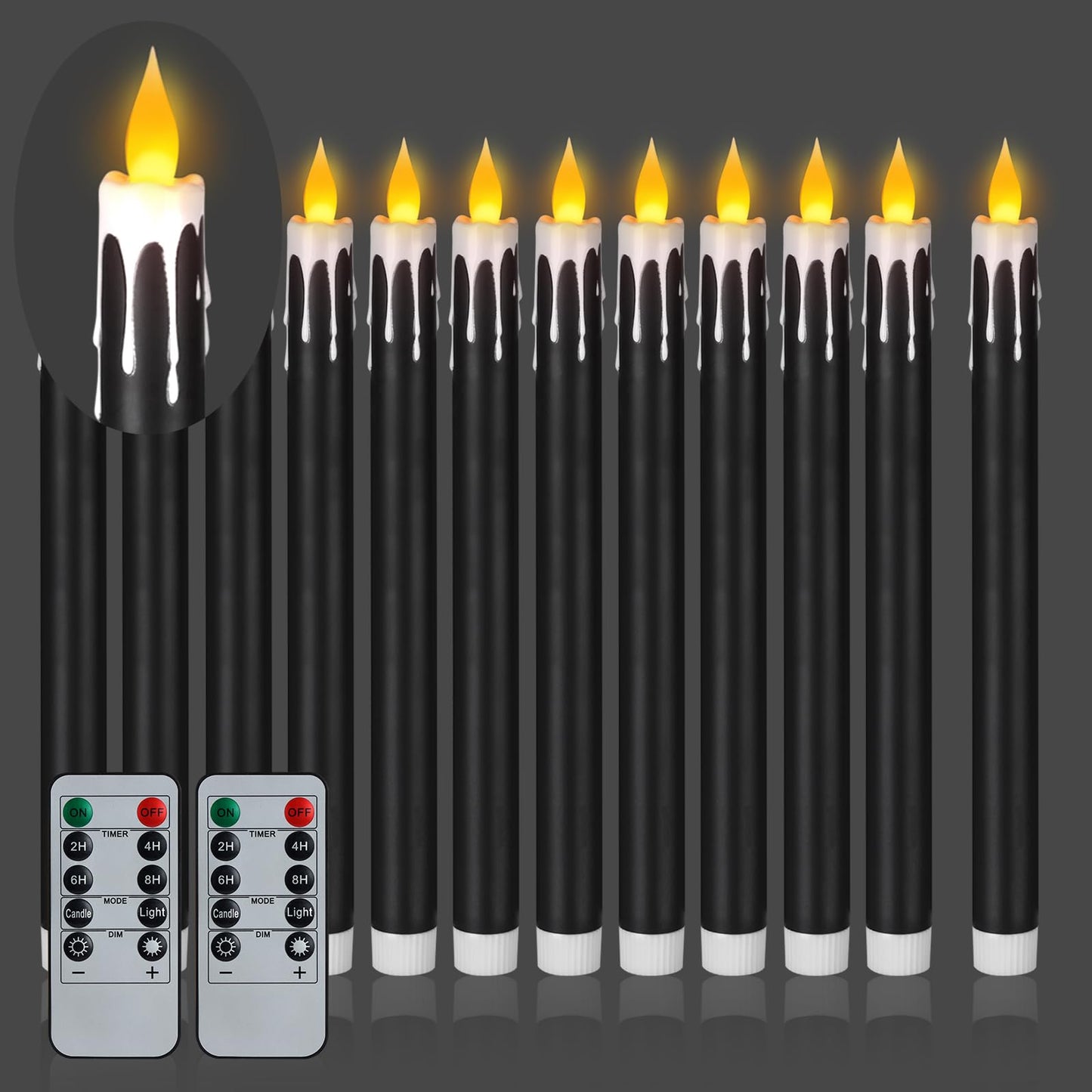 wemarry Flameless Taper Candles 10.6" Dripless Battery Operated Taper Candles Included Remote Timer 400+ Hours by 2AA Batteries for Halloween Christmas Wedding (Black+White, 12 Pack)