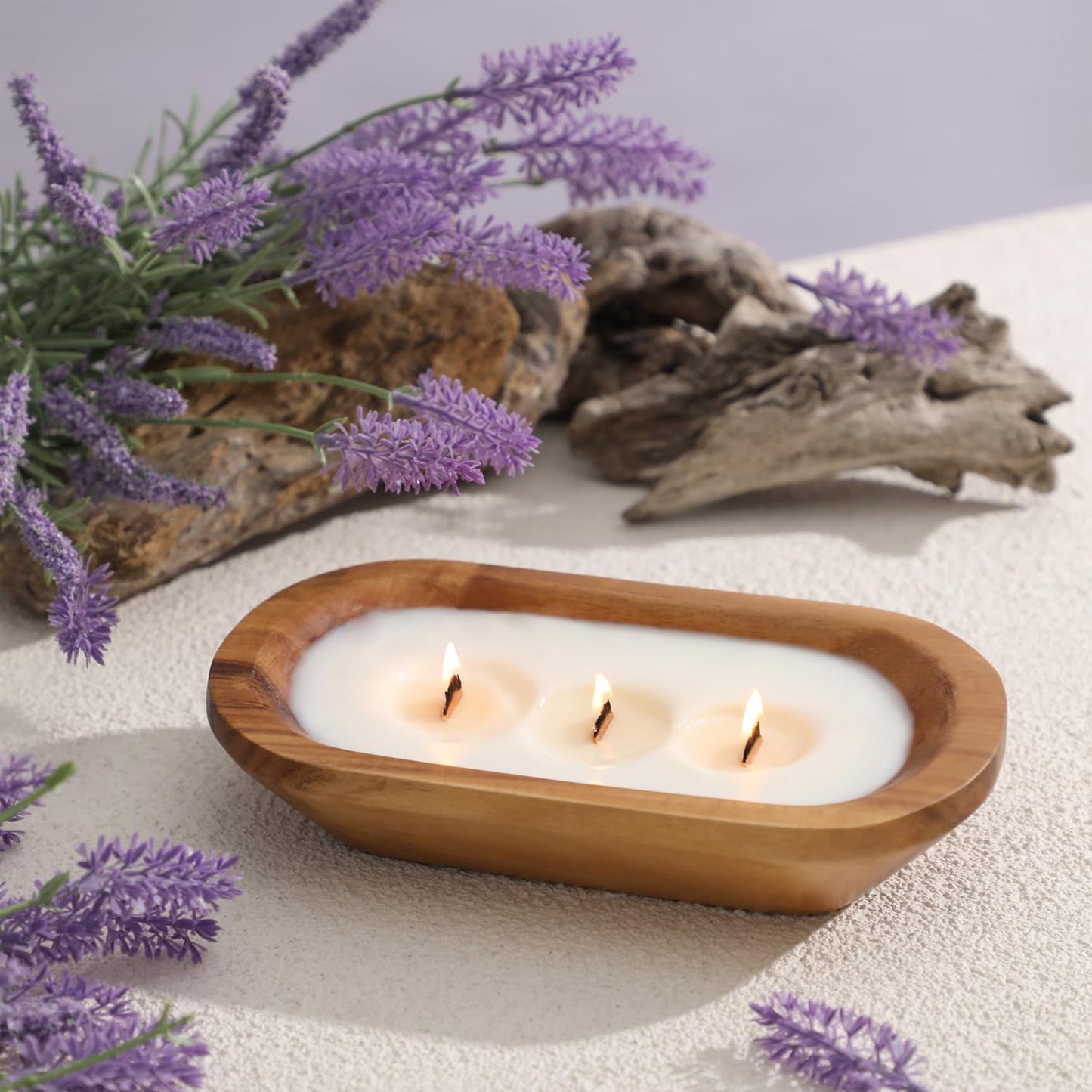 Wooden Bowl Soy Candle 10 Inch, Large Farmhouse for Table, Lavender Scented, 3 Wood Wicks, Christmas Gifts for Men & Women