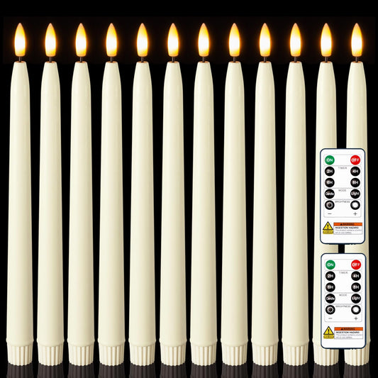 Homemory 11 inches Waxy Flameless Taper Candles with Remote Timer Dimmer, 12 Pcs Battery Operated Taper Candles with Flickering Flame, Ivory LED Candlesticks for Wedding, Christmas Indoor Decoration
