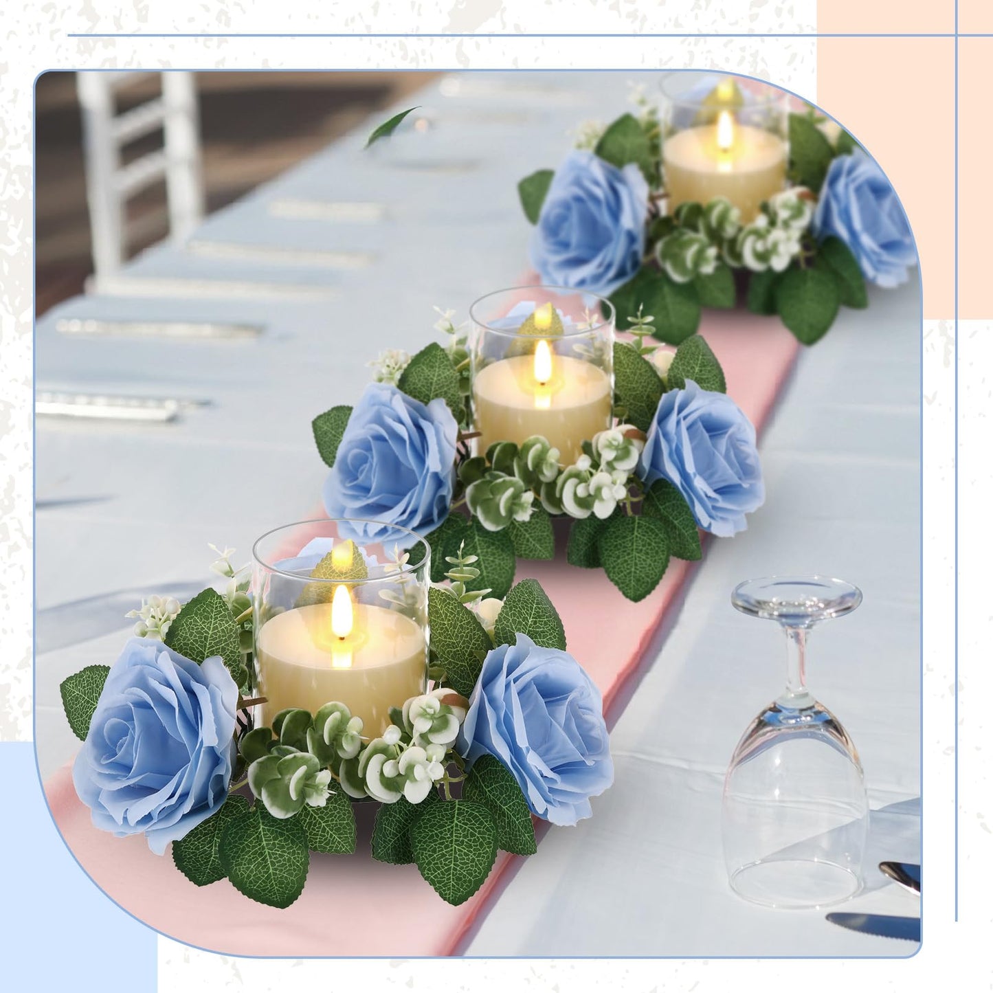 Yunlly 32 Pcs Rose Candle Rings with Flameless Candles Sets, Artificial Flower Eucalyptus Wedding Centerpiece 3 Inch Pillar Candleholders Wreaths for Wedding Party Mother's Day (Blue)