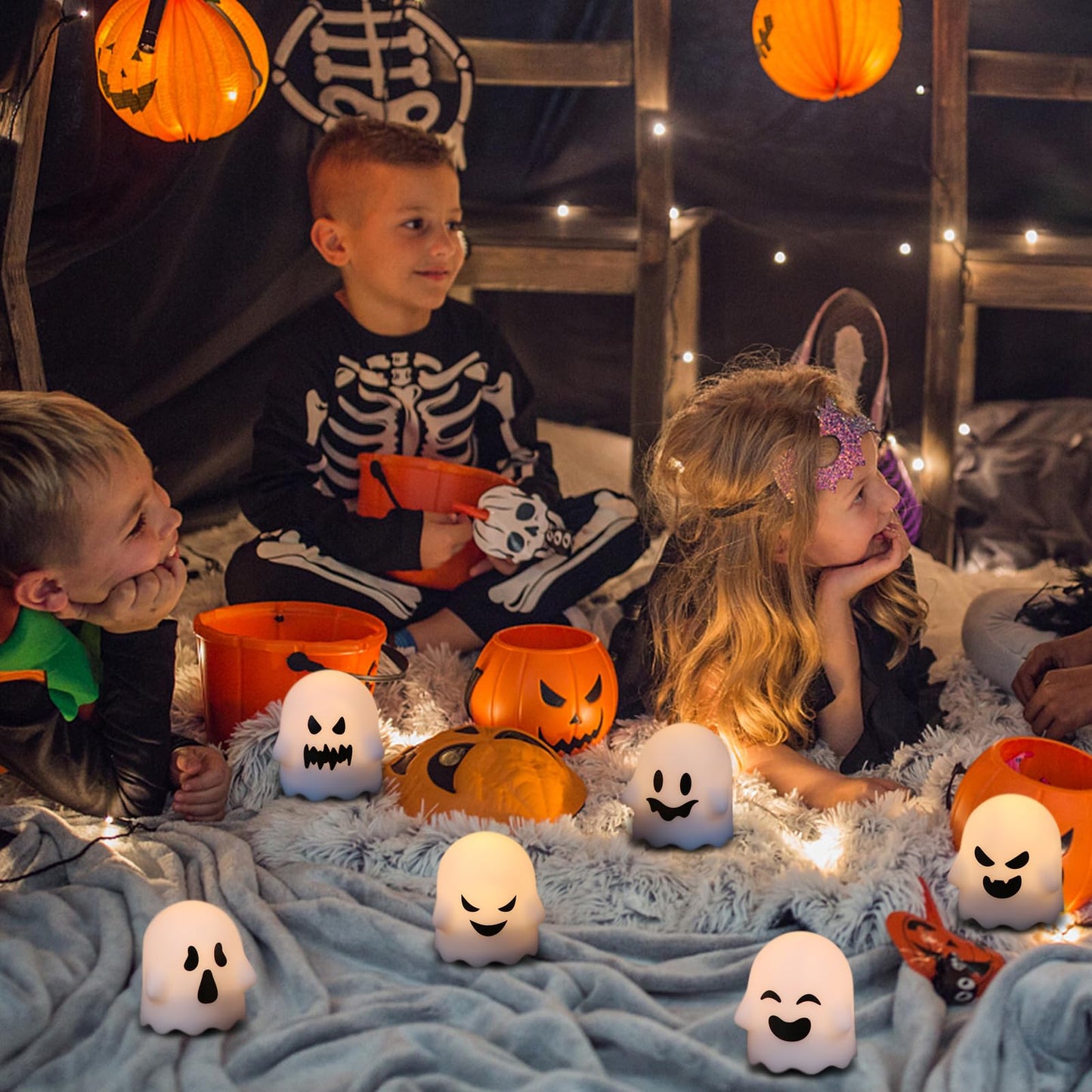 Lasumora Ghost Halloween Decorations Flameless Candles with Remote Timer, 6 Pack Grimace Ghost Candles, Battery Operated Halloween Lights Dimmable Halloween Decor Indoor