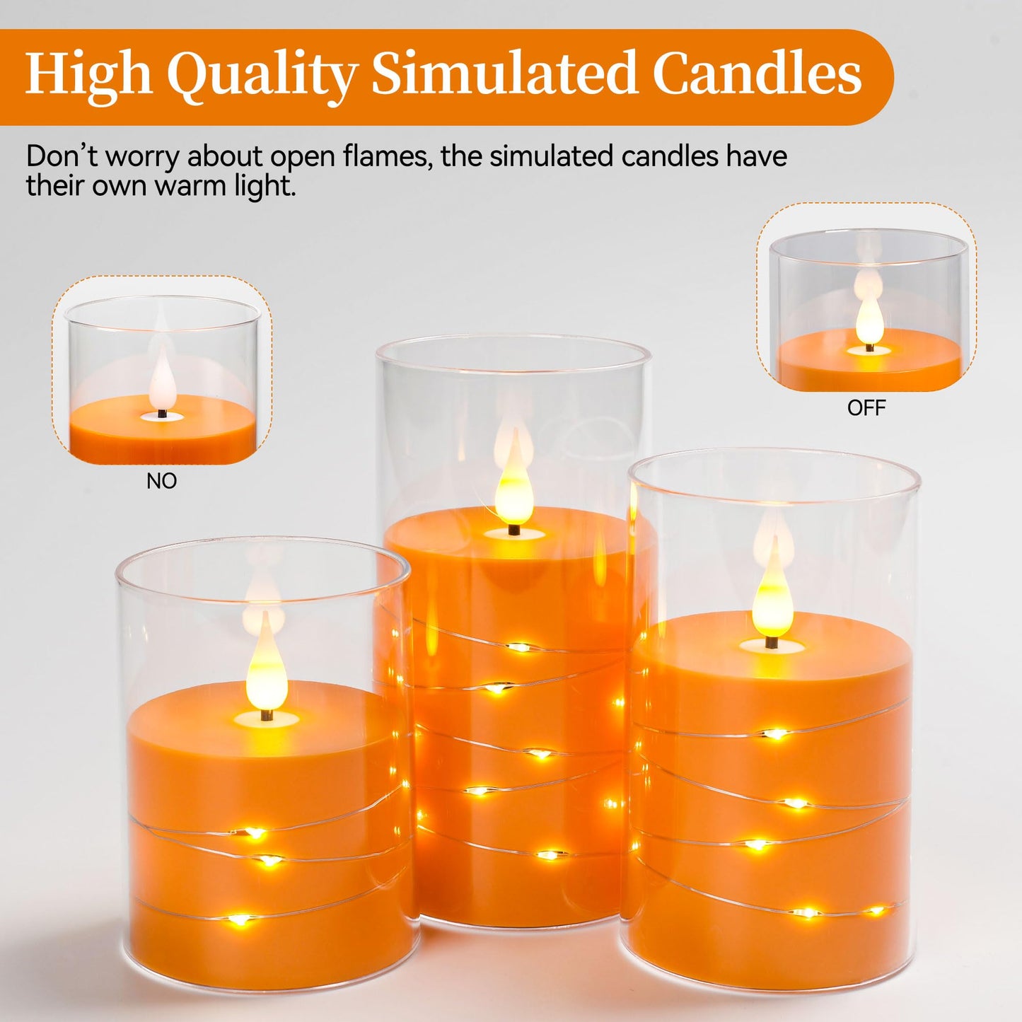 Da by Flickering Flameless Candles with Remote,Acrylic LED Candles with Embedded Star String,Battery Operated Candle, for Home and Holiday Decoration Set of 3（Orange） (Pack of 2)